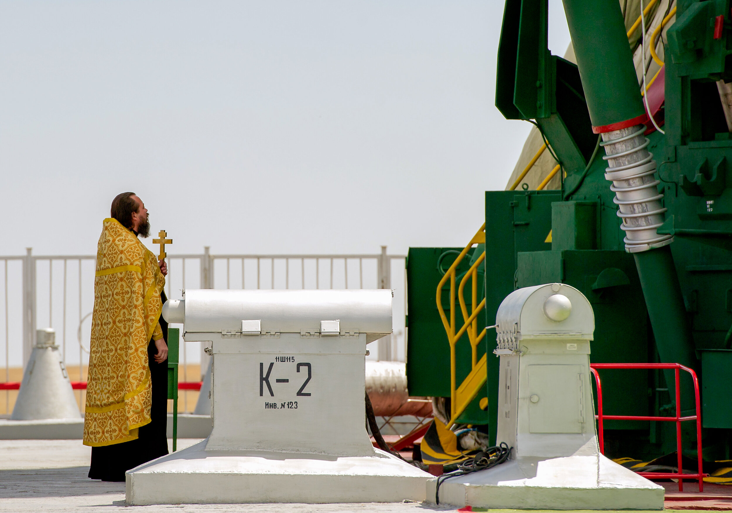  An Orthodox priest blesses the Soyuz rocket at the Baikonur Cosmodrome Launch pad on Friday, July 13, 2012 in Kazakhstan. The launch of the Soyuz spacecraft with Expedition 32 Soyuz Commander Yuri Malenchenko, NASA Flight Engineer Sunita Williams an