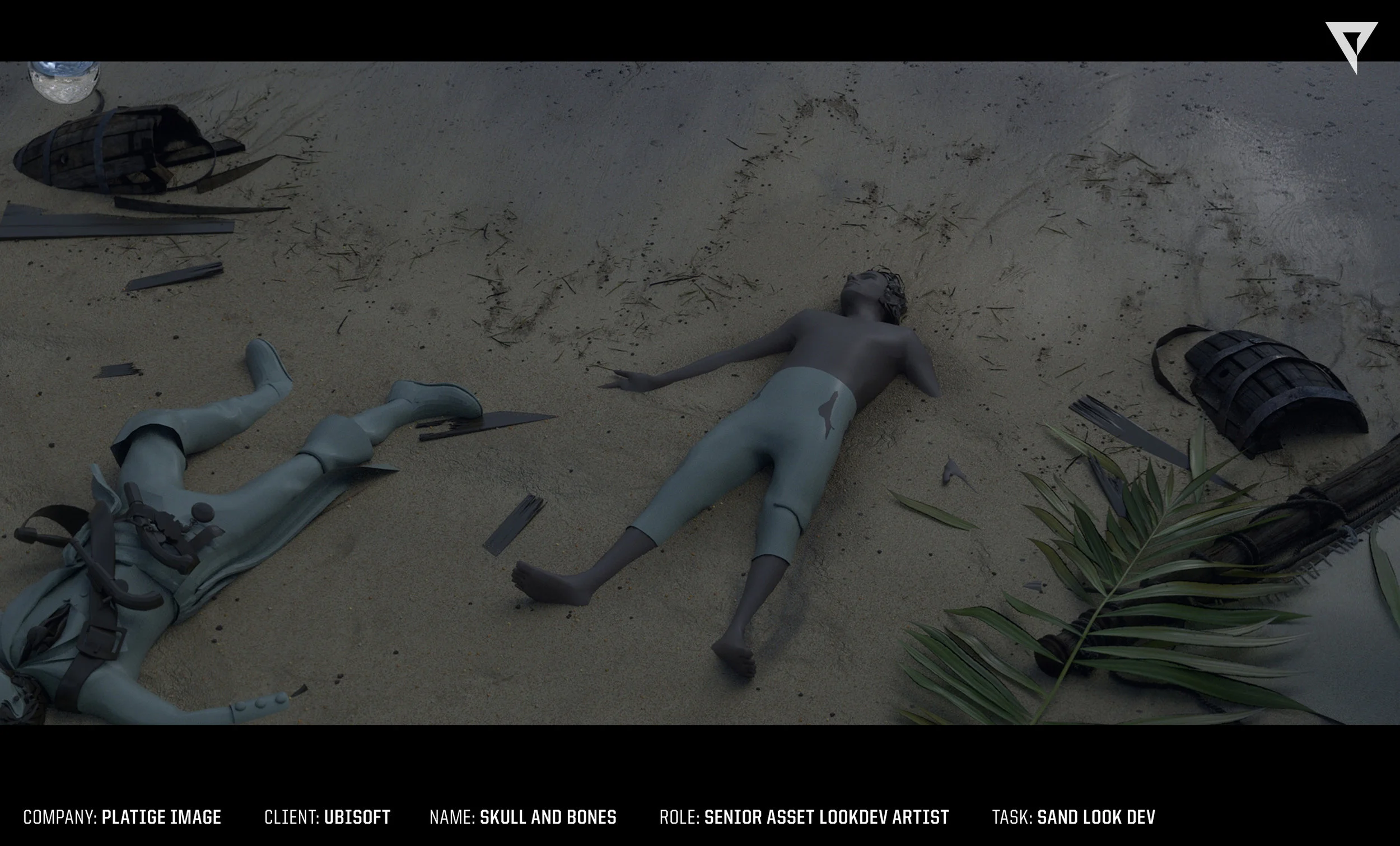 For sand development I've created procedural materials for wet and dry sand in SubstanceDesigner, then combined them together in SubstancePainter, then distributed details using MASH system.   