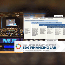UN Expert Meeting & High-Level ‘SDG Financing Lab’ 17 - 18 April 2017, New York, United States C-Change presented our report at the high-level SDG Financing Lab Action Event in New York this Spring and facilitated an Expert Meeting to validate its content. The report ‘SDG Investing: Advancing a New Normal in Capital Markets’ was commissioned by the United Nations Department of Economic and Social Affairs (UNDESA). The authors, Maarten Biermans and Carolien de Bruin, coin the term ‘SDG investing’ and call for a forward-looking action agenda for shifting capital markets. Our team is highly committed to contribute to the agenda going forward.