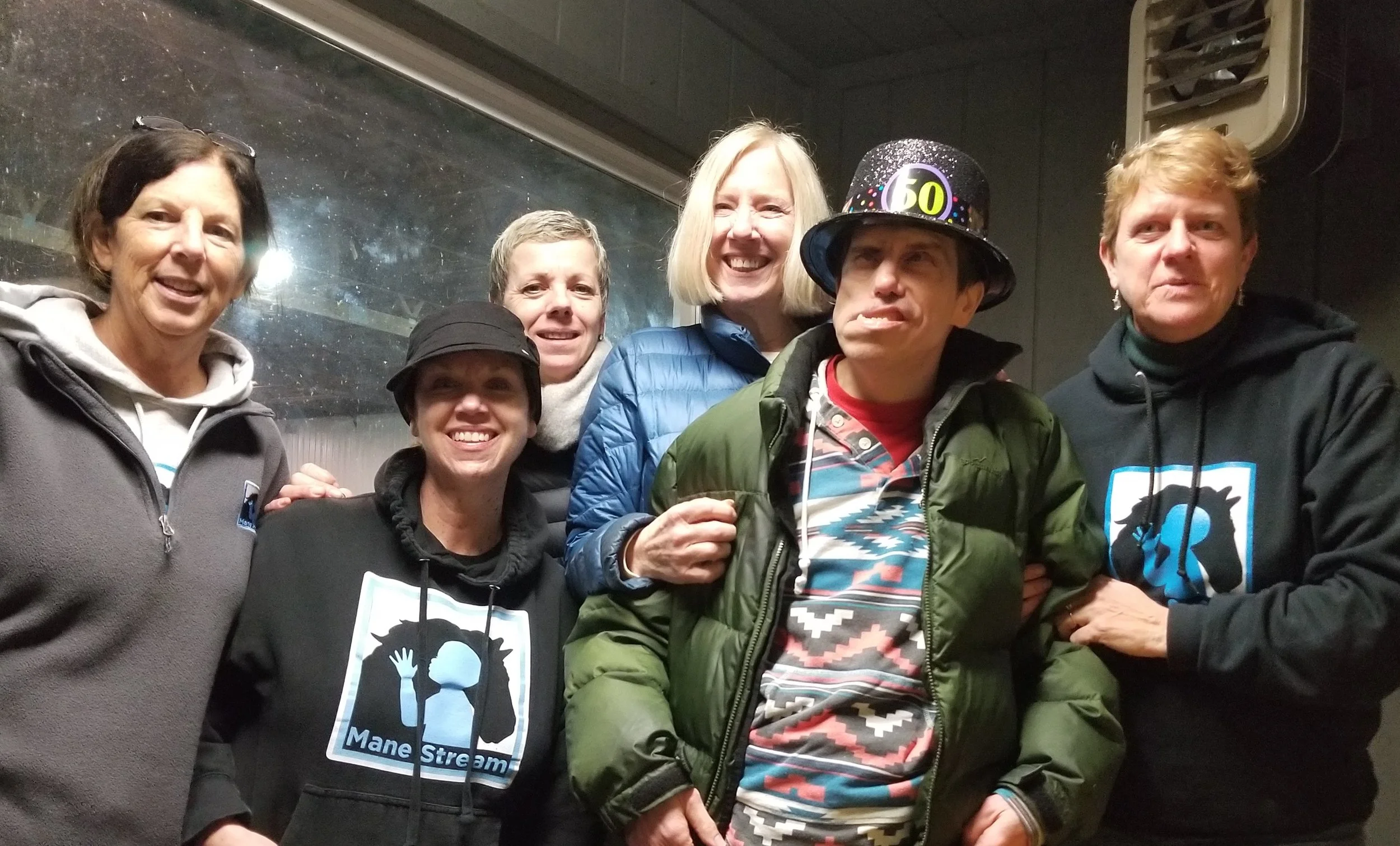 (from i to r: Karen Vogt, Kathy Mosquera, PATH Intl. Certified Instructor, Kelly Champion, Debi Delorenzo, Participant Cliff, and Amy Barkman)