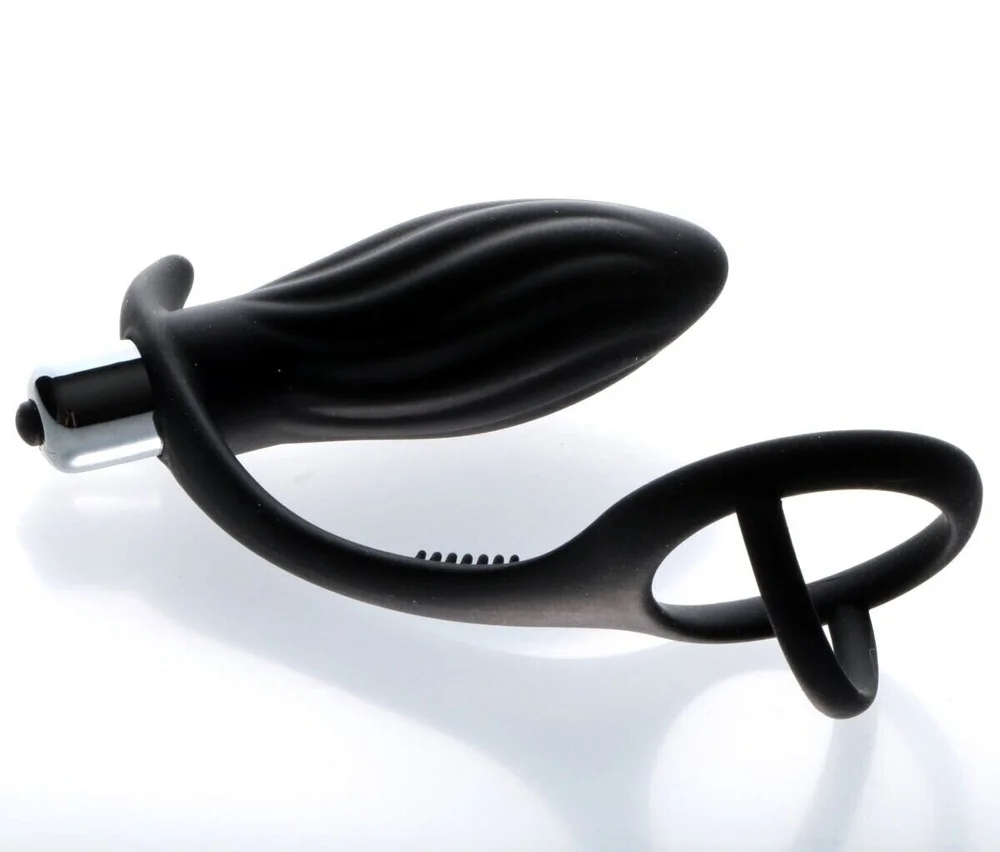 vibrating butt plug cock ring 10X P-Bomb Silicone Cock and Ball Ring with Vibrating Anal Plug