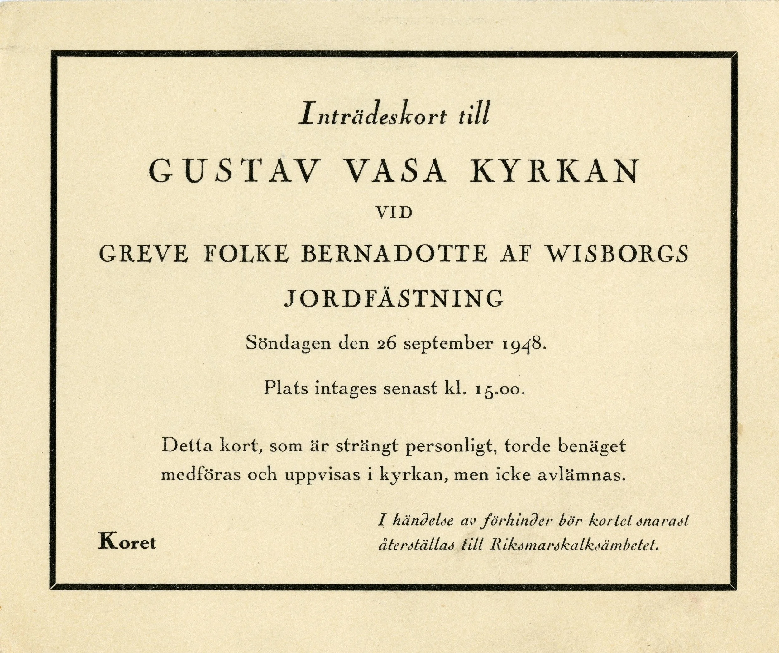 Gösta Lundin deltog vid jordfästningen av Folke Bernadotte i Gustav Vasa kyrkan den 26 september 1948. Ur Gösta Lundins arkiv