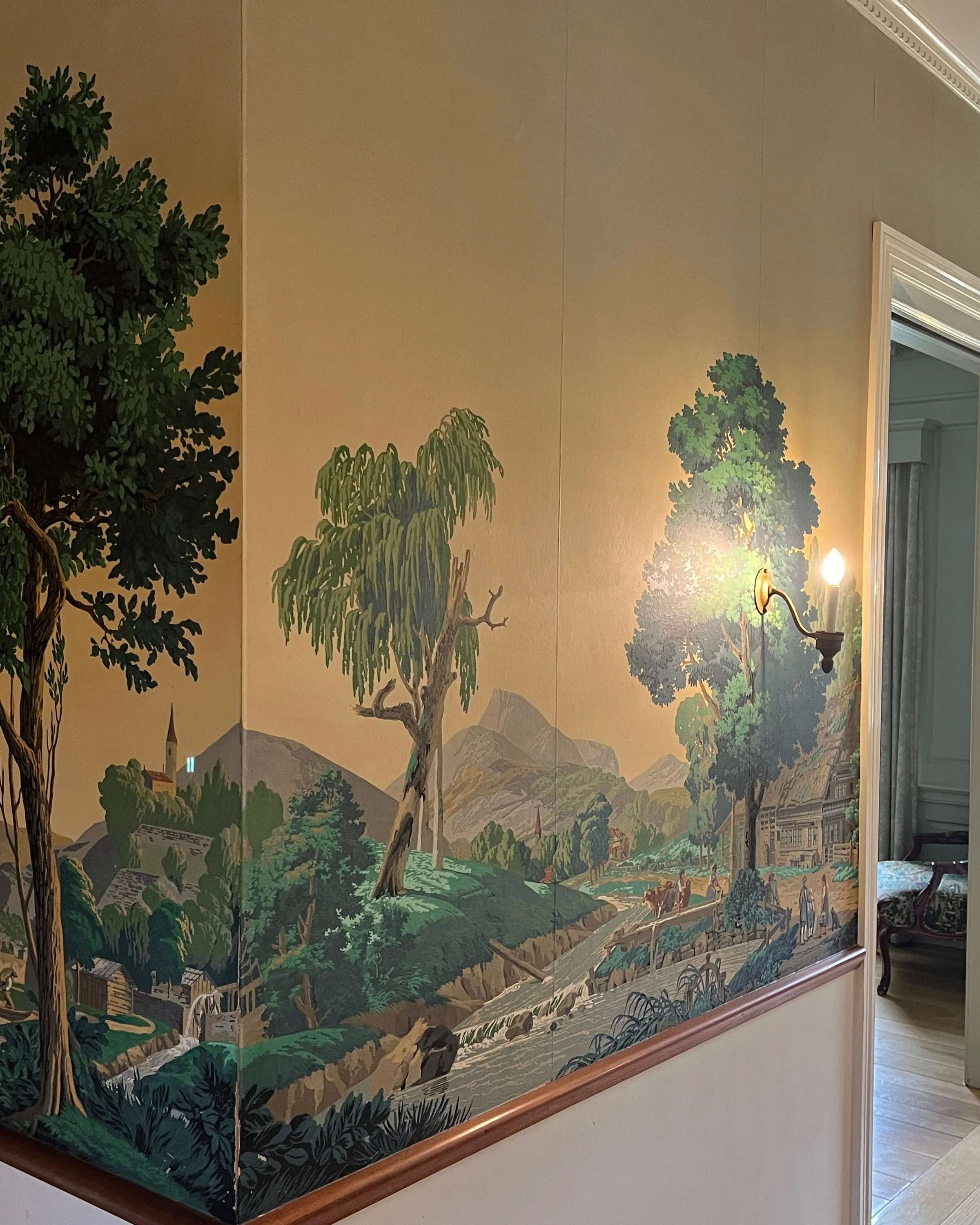 Before restoration of Zuber Les Vues de Suisse wallpaper at Greenwood Gardens