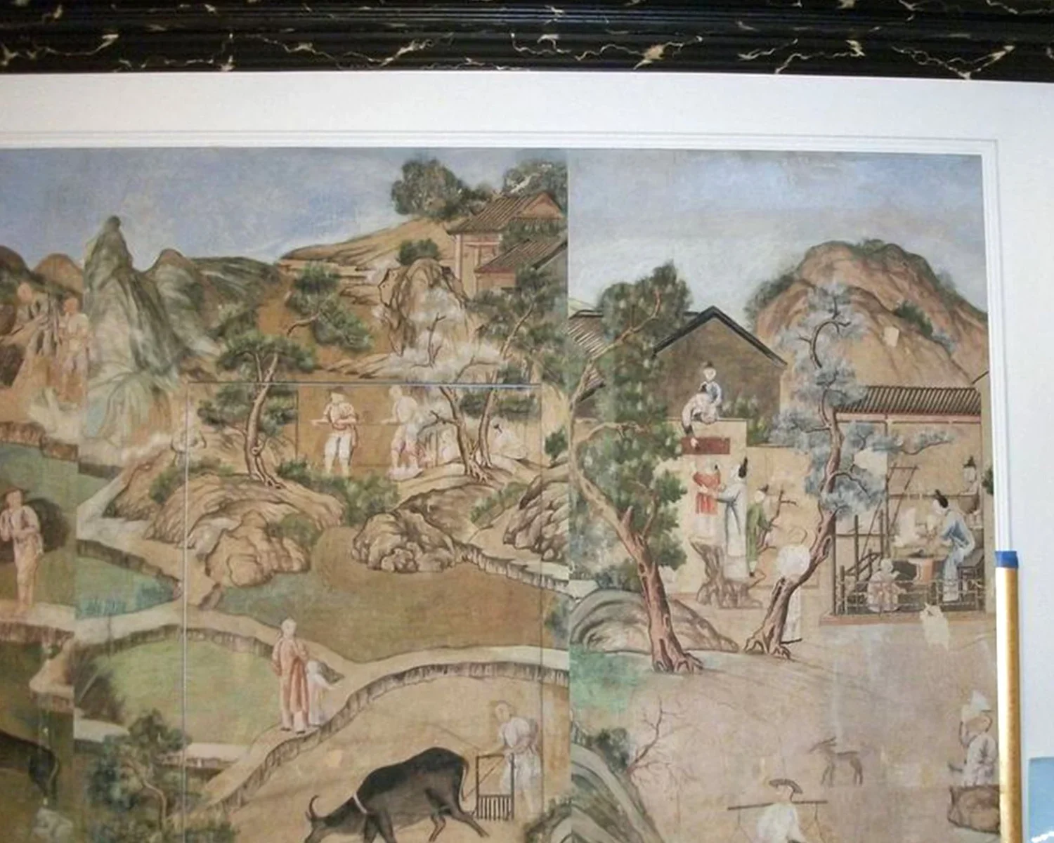 Handpainted Chinese wallpaper, Village Scene, 1780–1825, before restoration