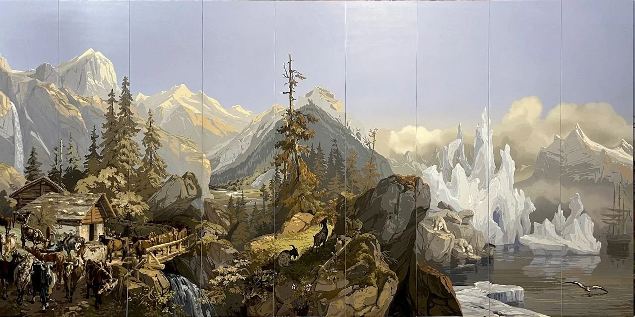 Fully restored Zuber Les Zones Terrestres scenic wallpaper mounted on boards