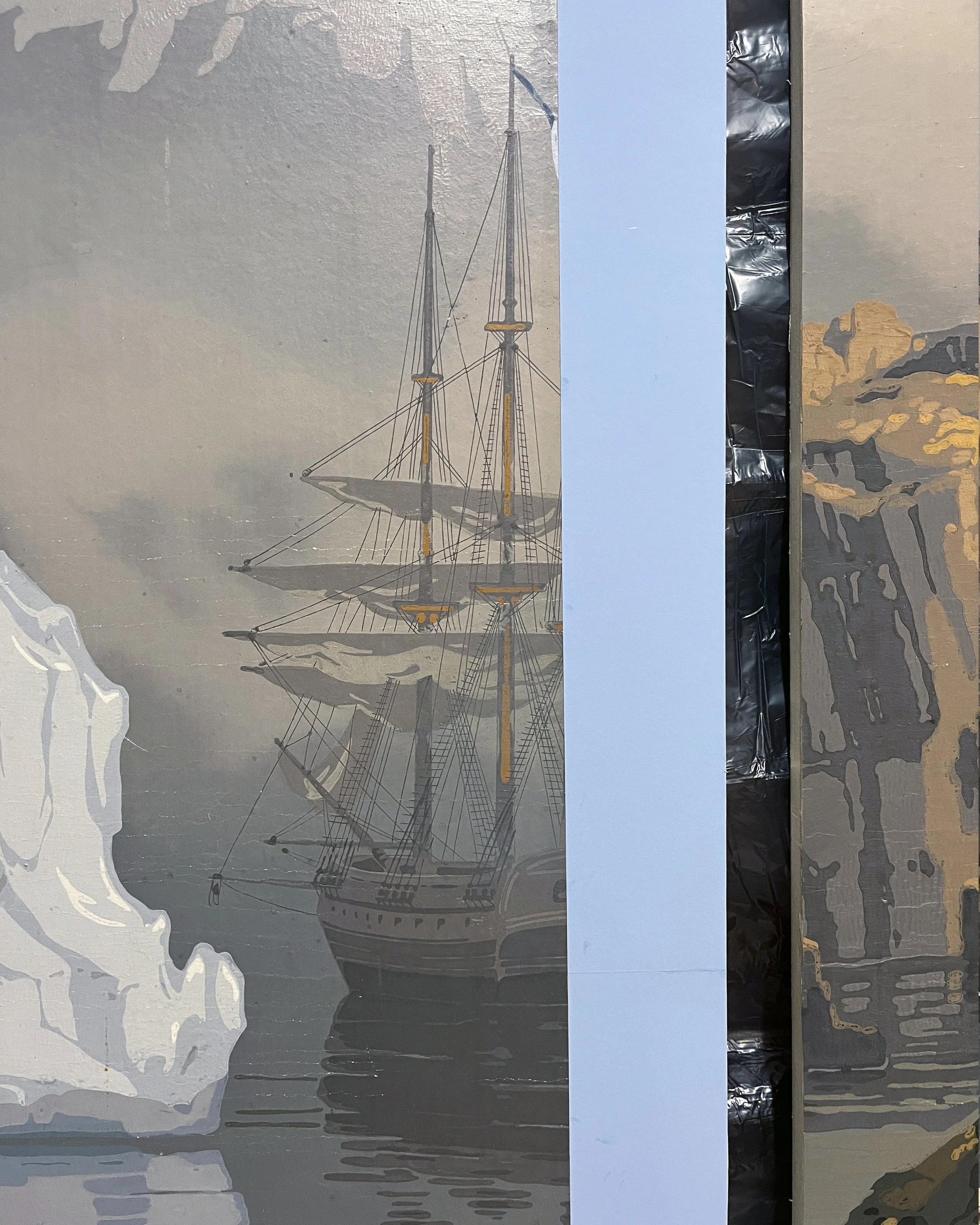 Before hand-painted detail matching original Zuber panoramic wallpaper design