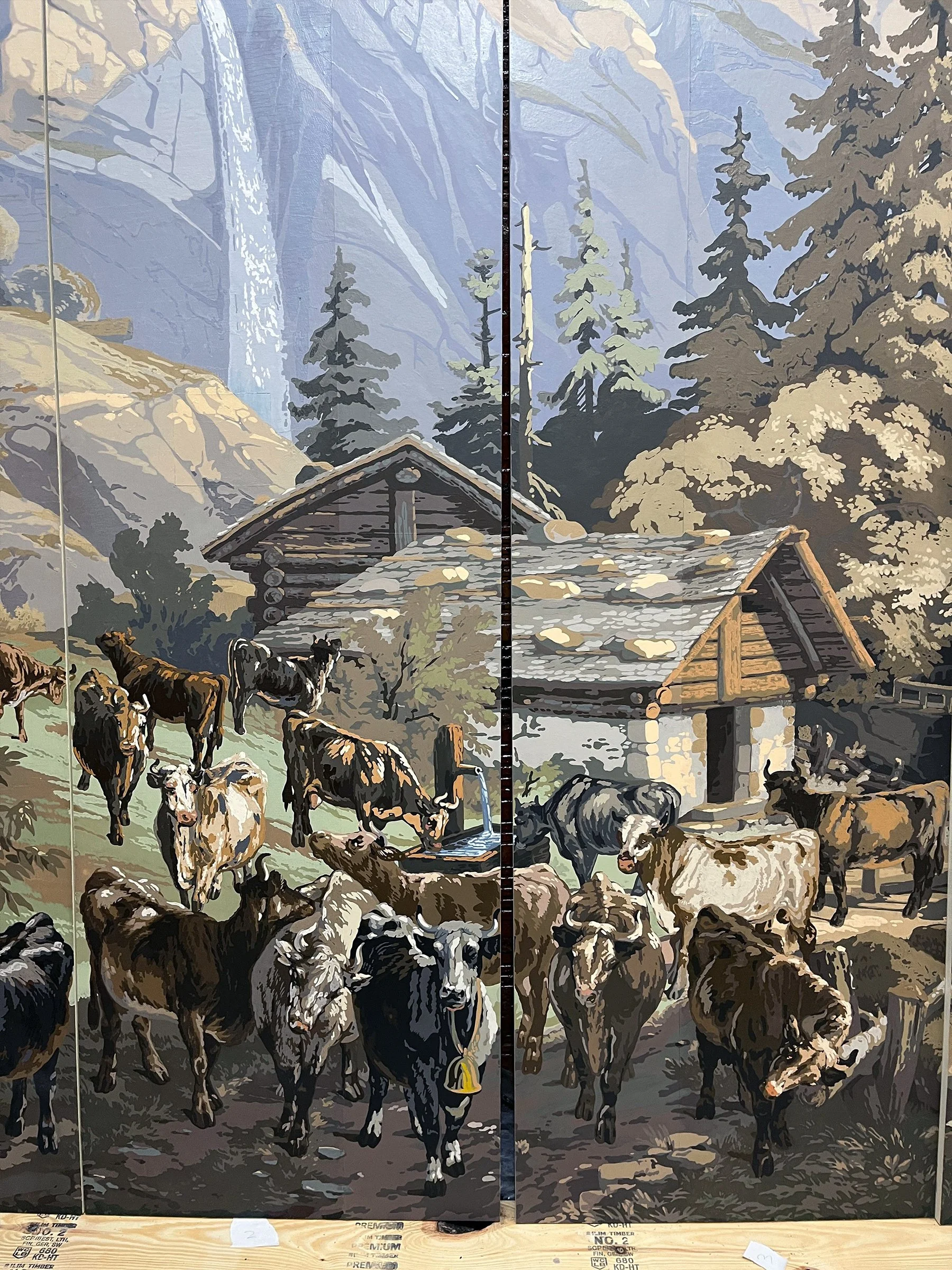 Fully restored Zuber Les Zones Terrestres scenic wallpaper mounted on boards