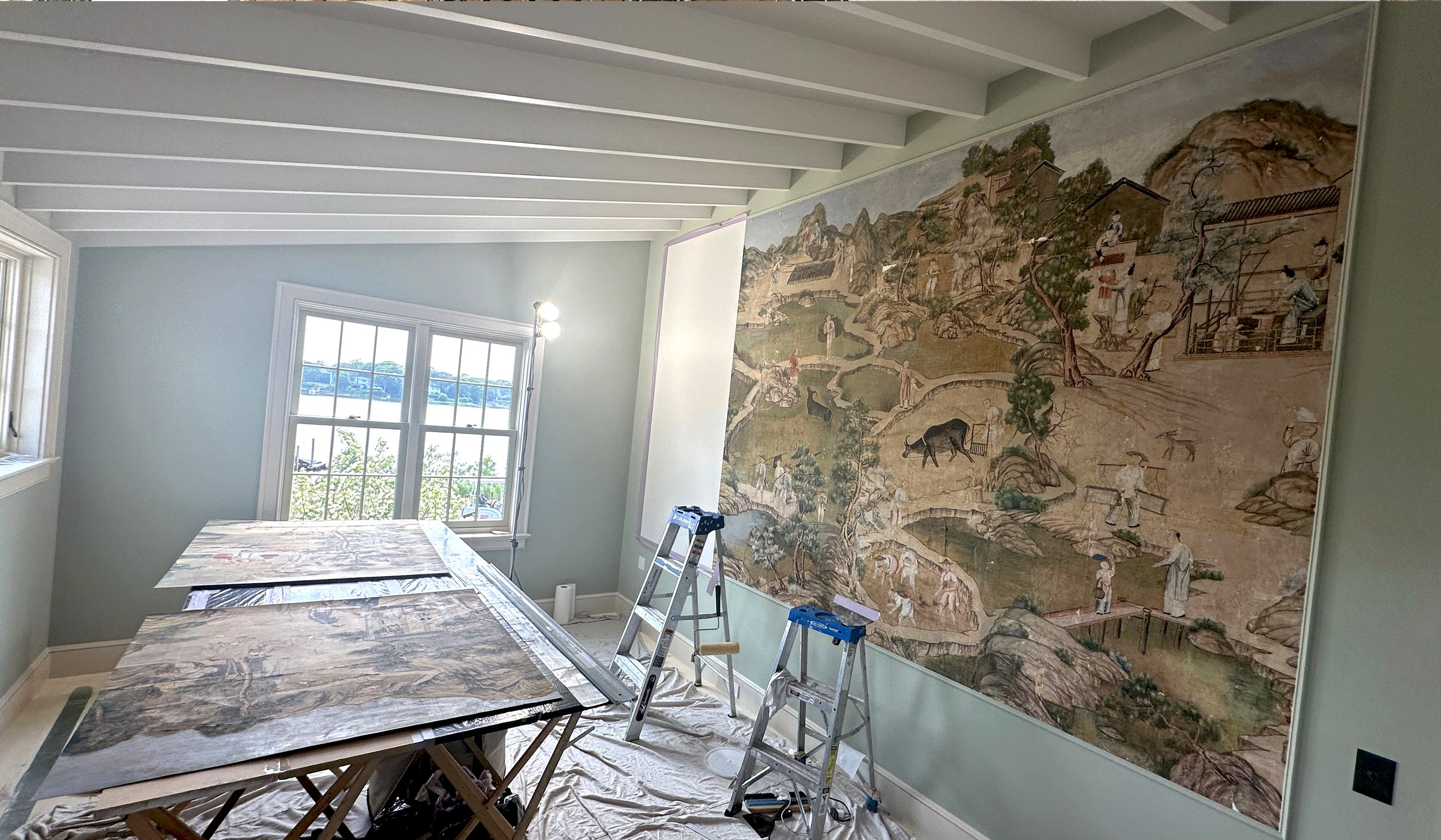 Second restoration and reinstallation of 18th-century Village Scene wallpaper