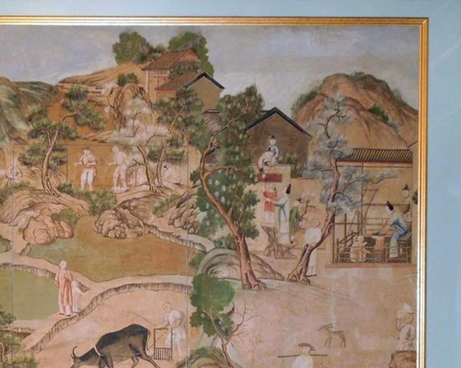 Handpainted Chinese wallpaper, Village Scene, 1780–1825, after restoration