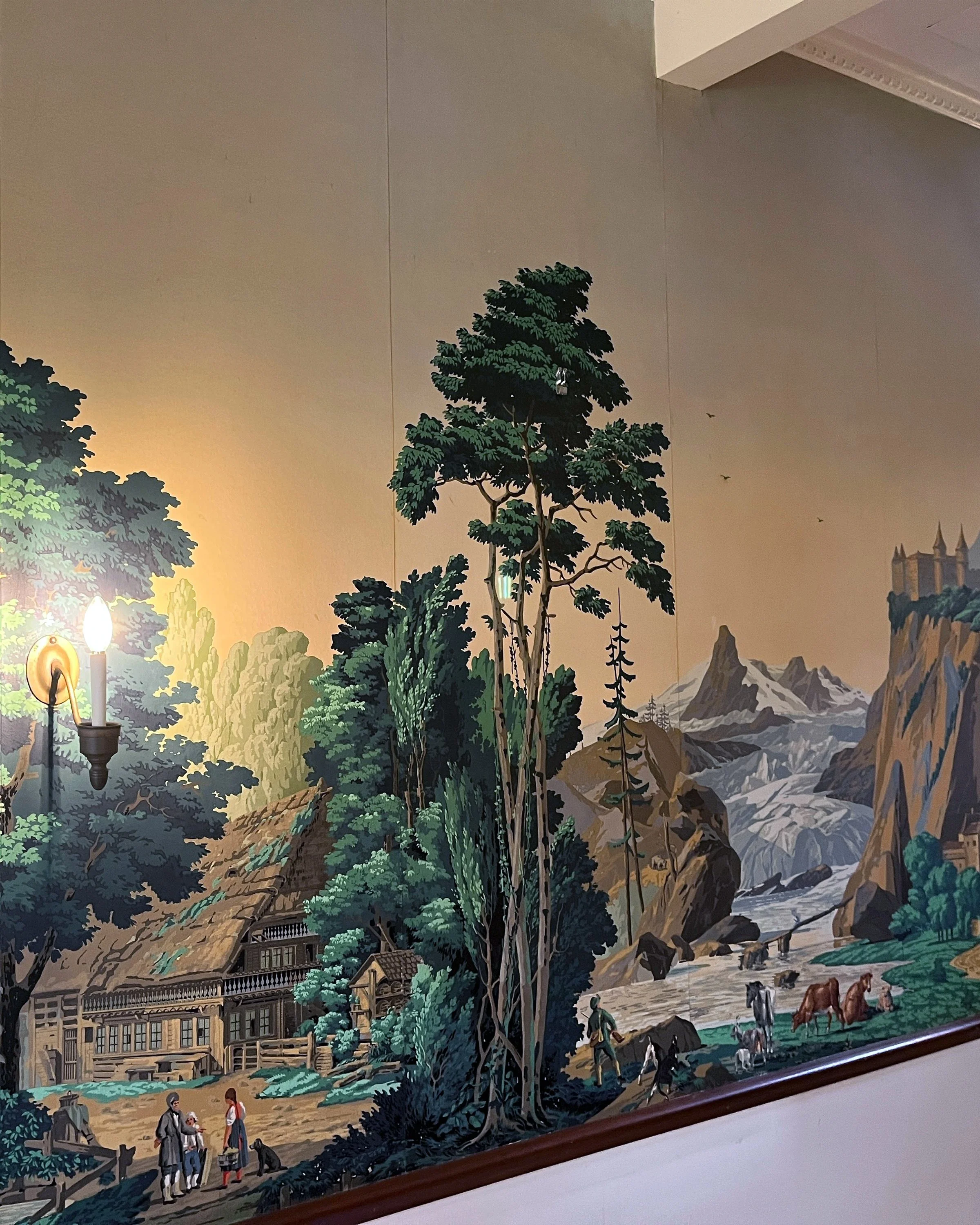 Before restoration of Zuber Les Vues de Suisse wallpaper at Greenwood Gardens