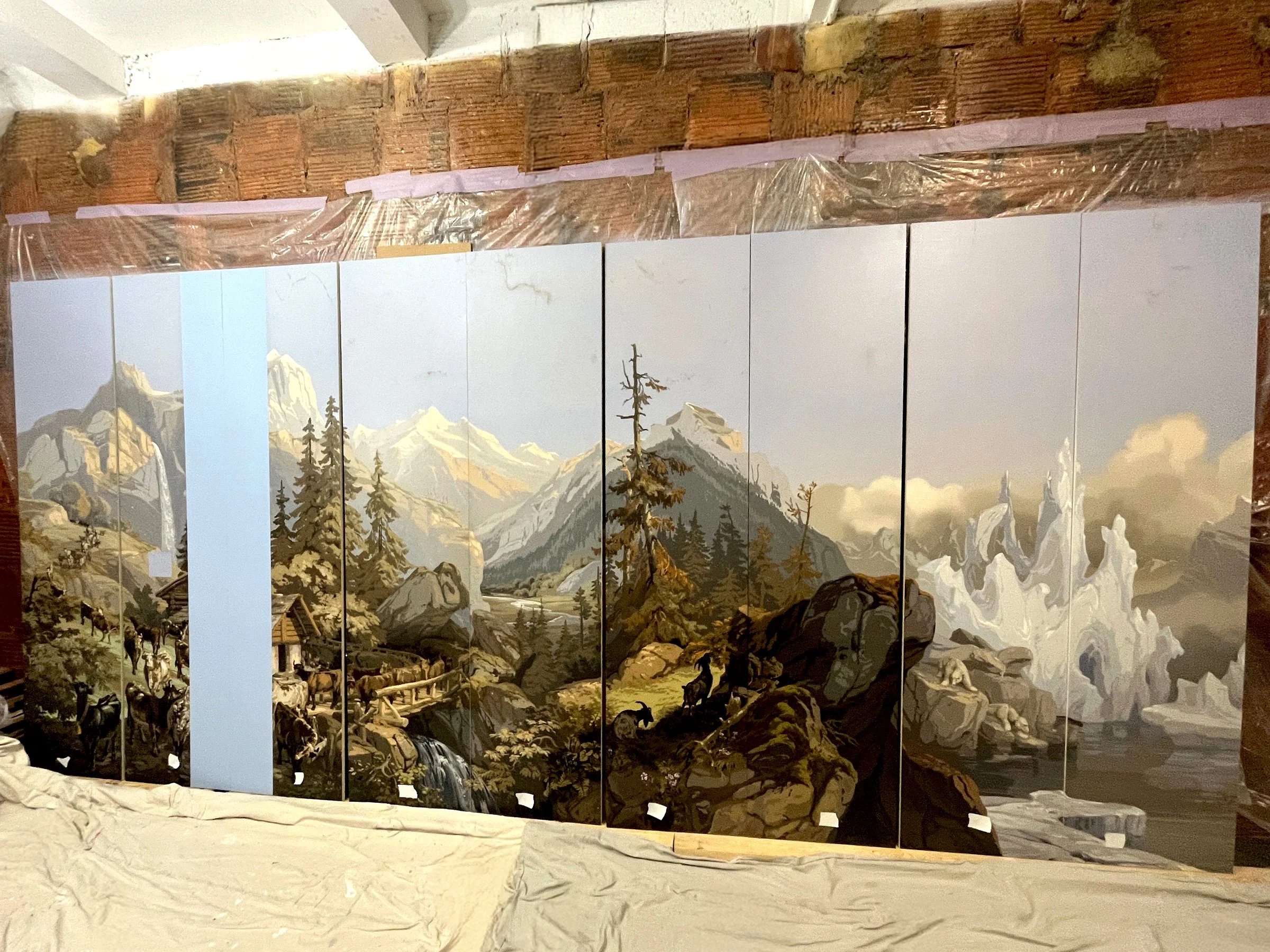 Antique Zuber Les Zones Terrestres scenic wallpaper prior to restoration