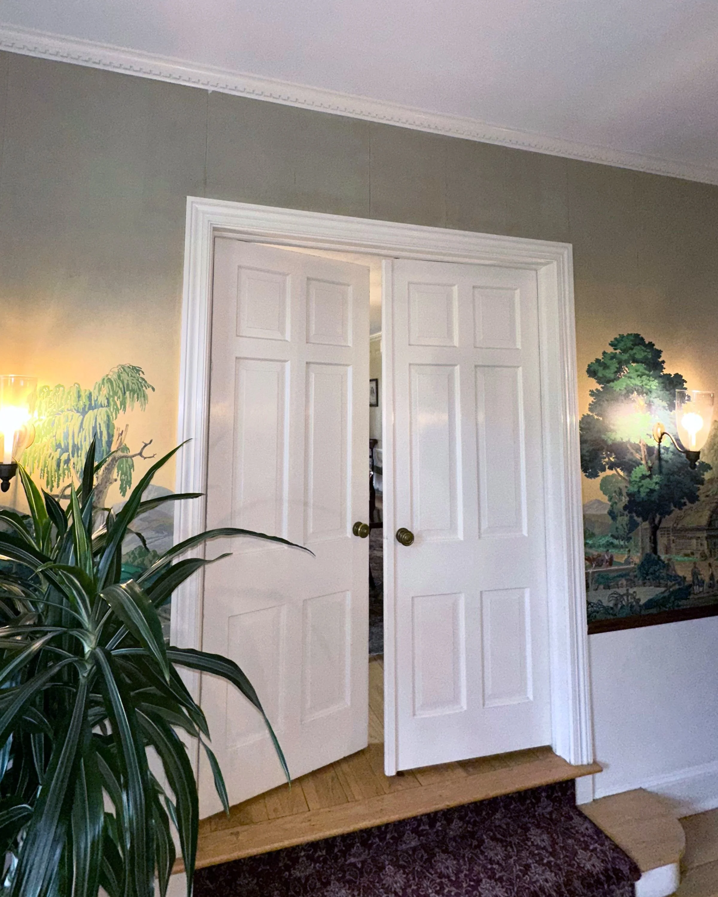 Before restoration of Zuber Les Vues de Suisse wallpaper at Greenwood Gardens