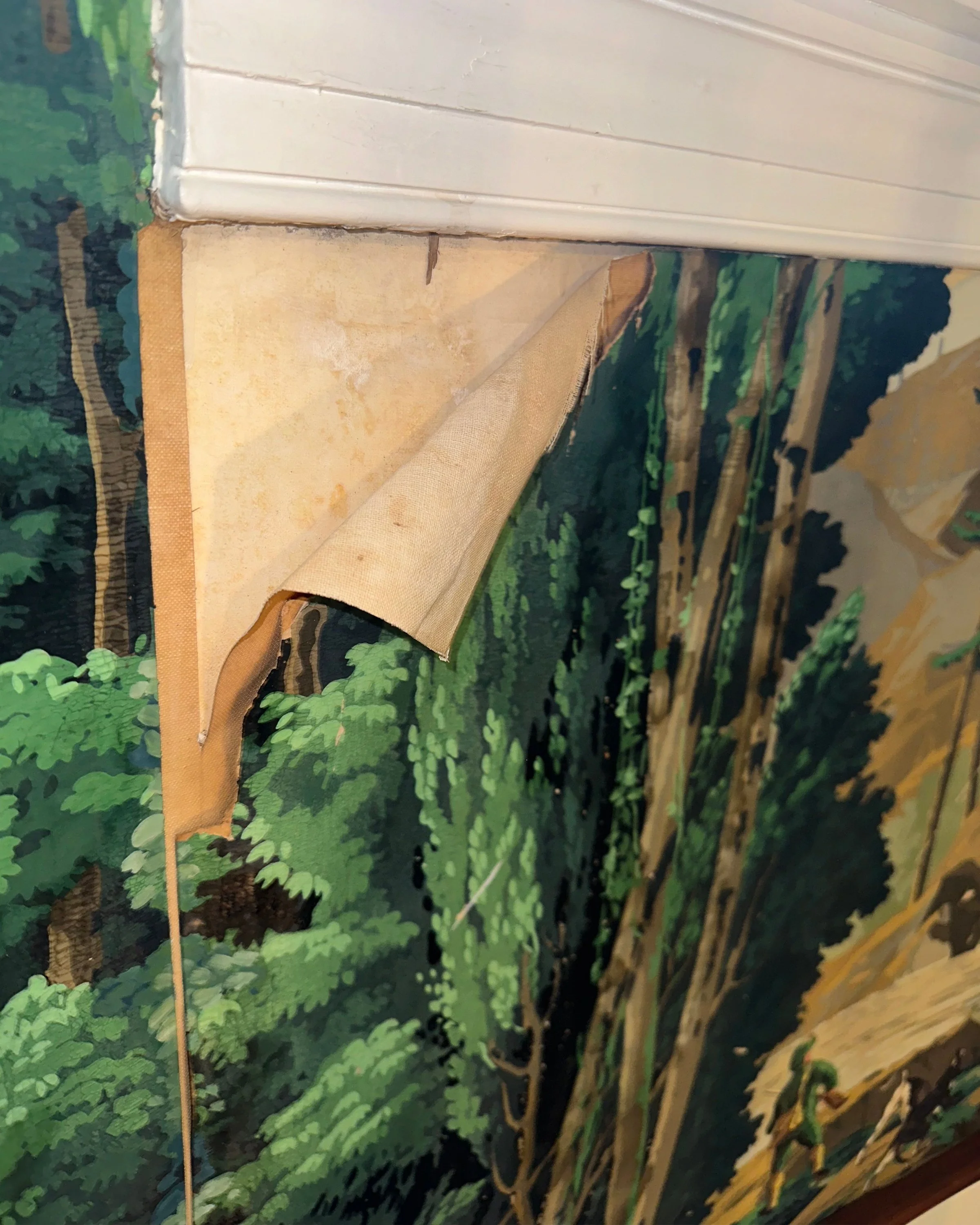 Section of antique wallpaper pulling away from wall with visible damage before repair