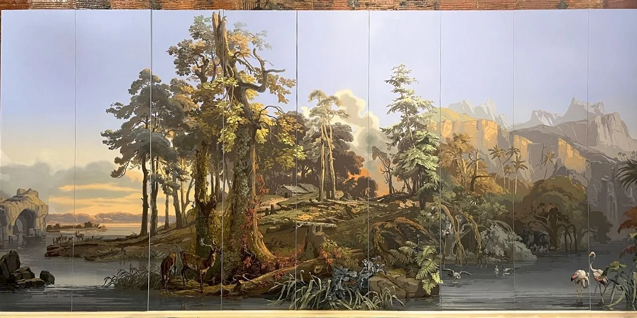 Fully restored Zuber Les Zones Terrestres scenic wallpaper mounted on boards