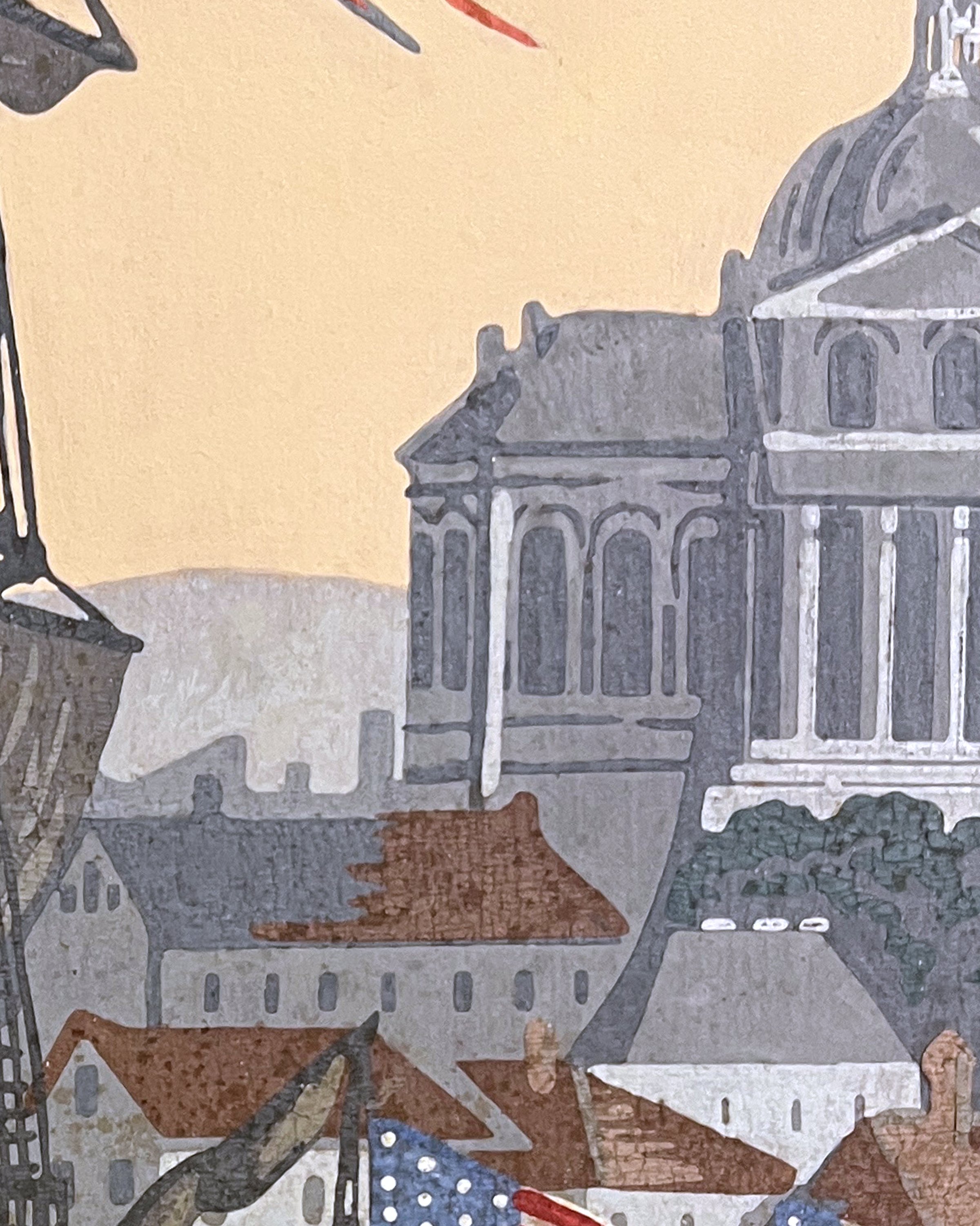 Close-up of age-related spotting on antique wallpaper after restoration