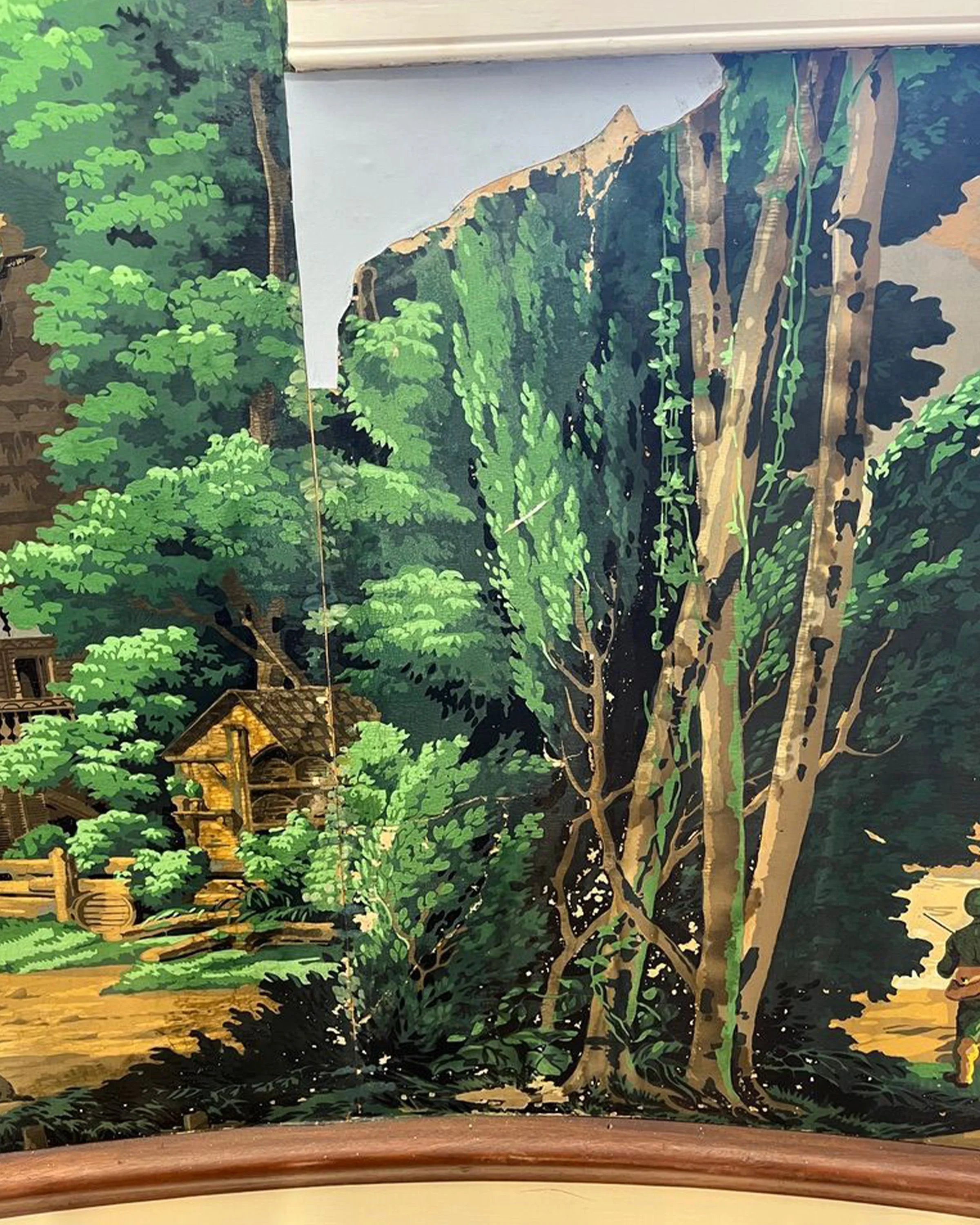 Before restoration of Zuber Les Vues de Suisse wallpaper at Greenwood Gardens