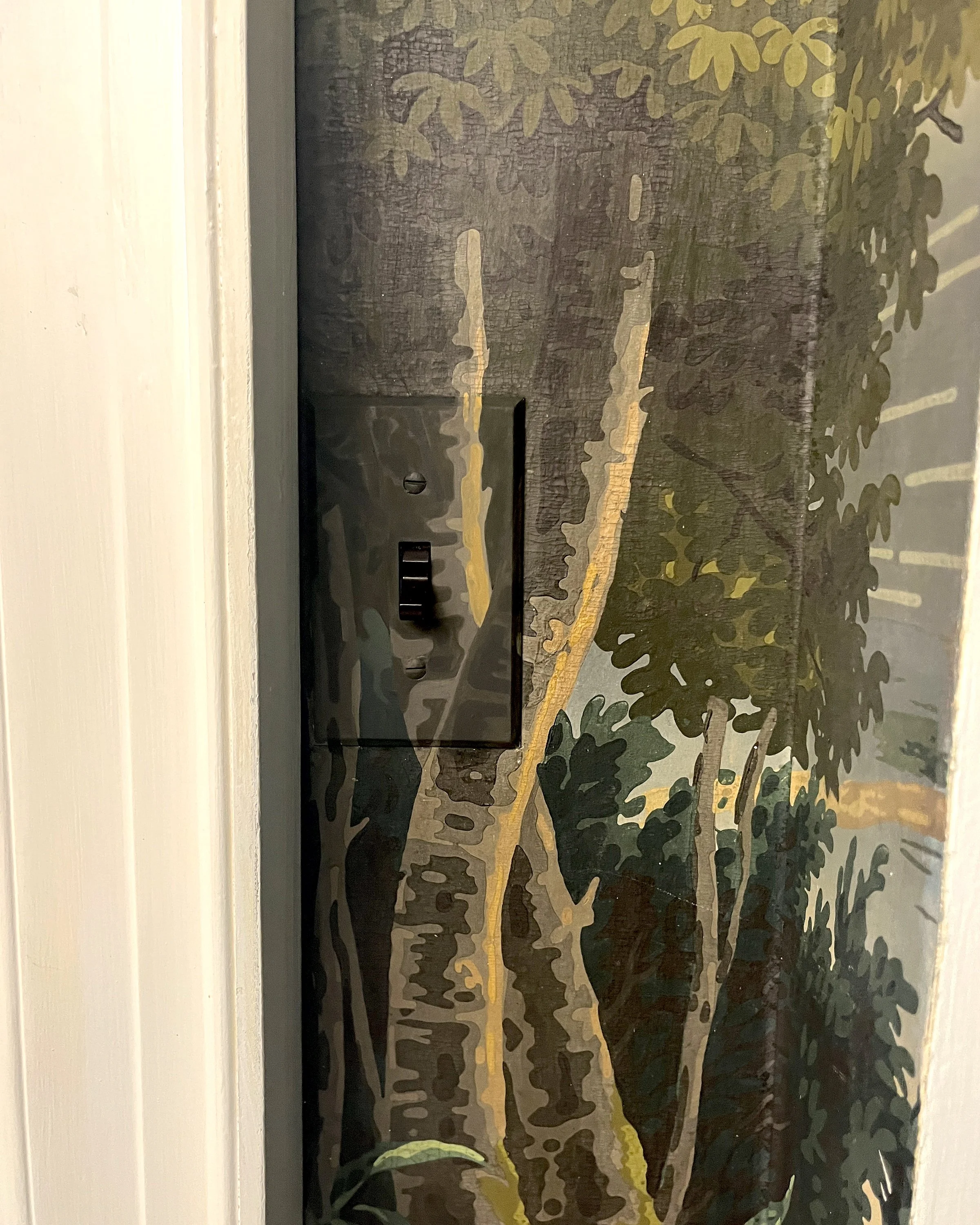 Hand-painted switch plates integrated into scenic wallpaper - after
