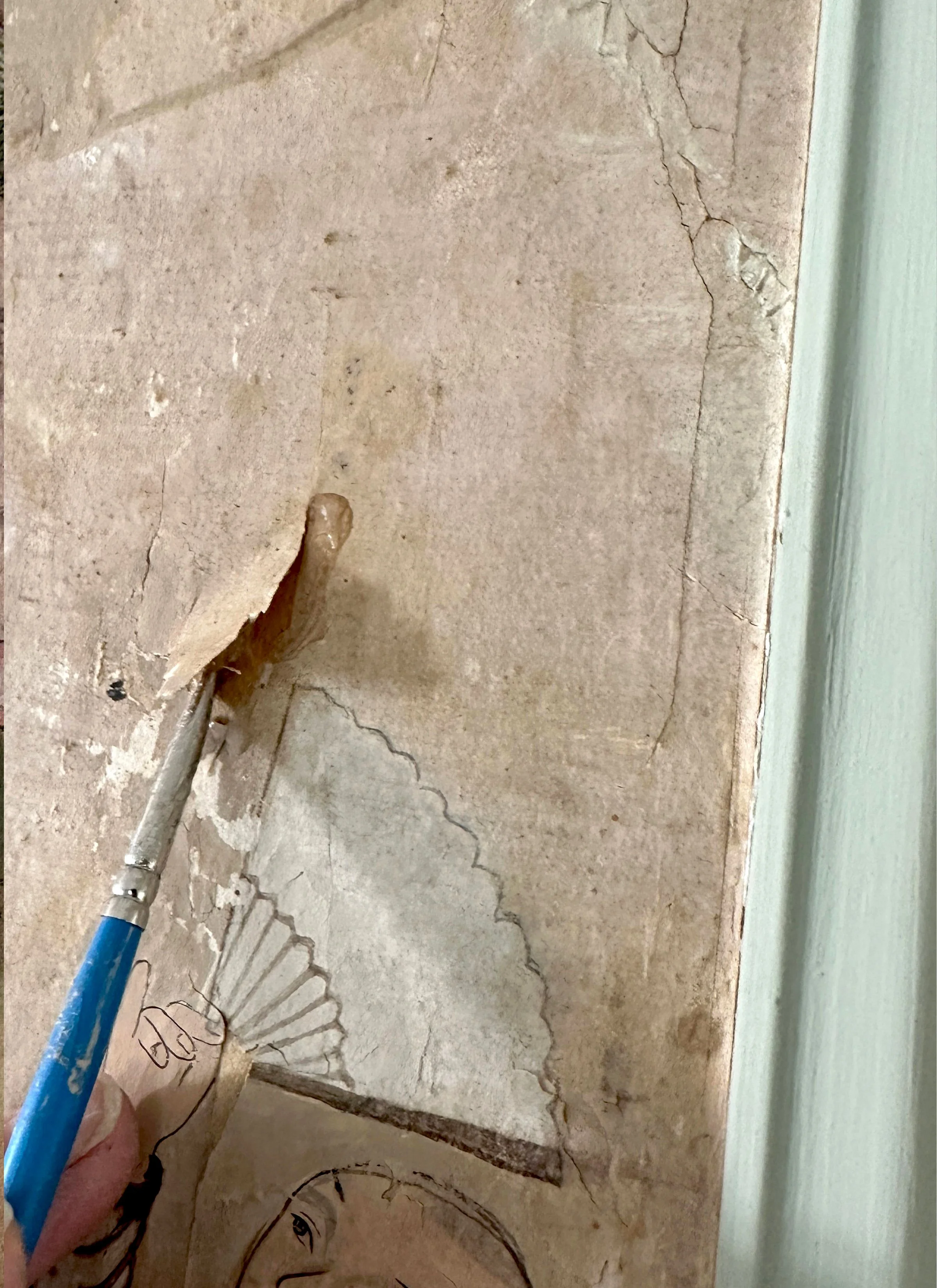 Detaill of second restoration and reinstallation of 18th-century Village Scene wallpaper