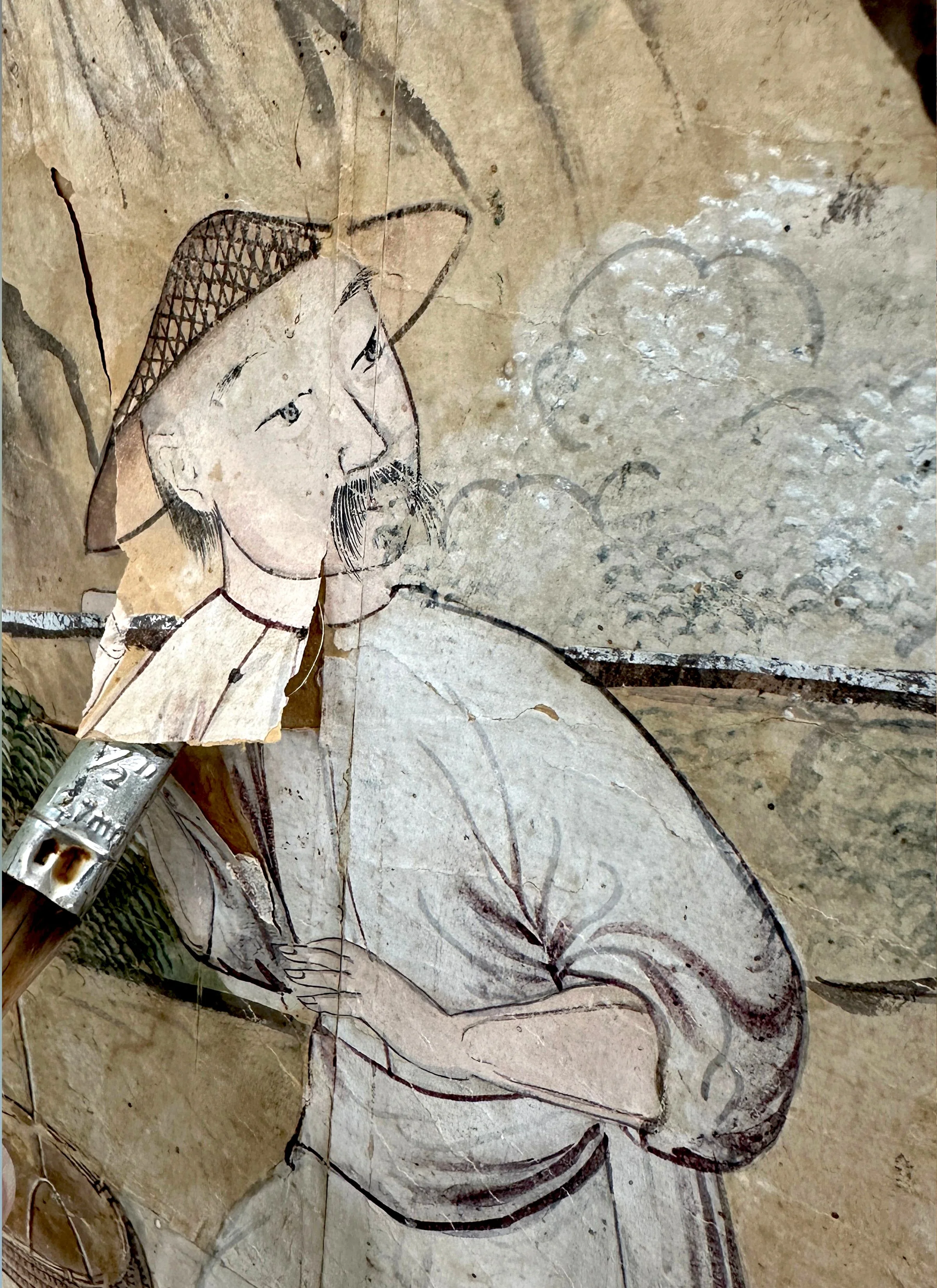 Detaill of second restoration and reinstallation of 18th-century Village Scene wallpaper
