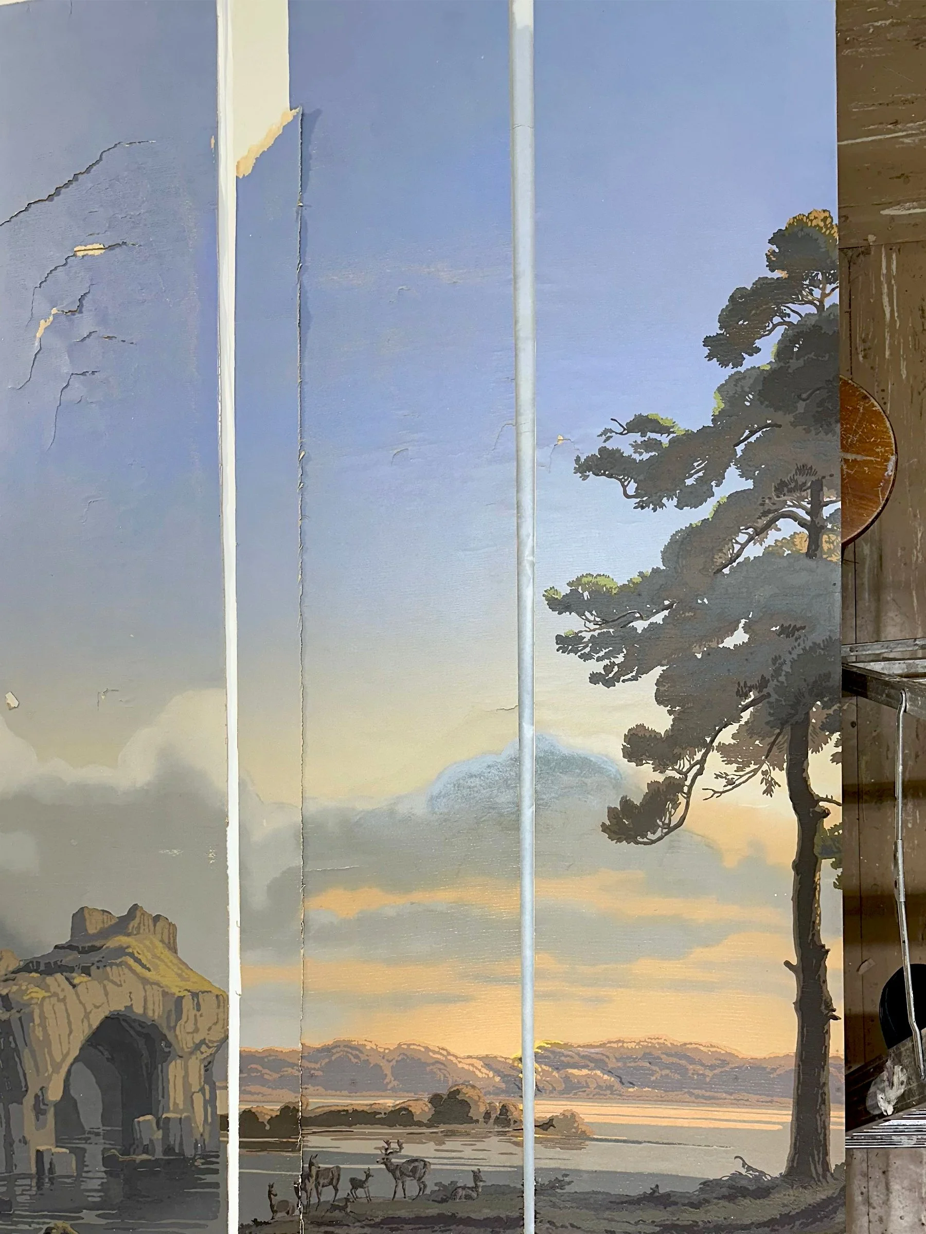 Antique Zuber Les Zones Terrestres scenic wallpaper prior to restoration