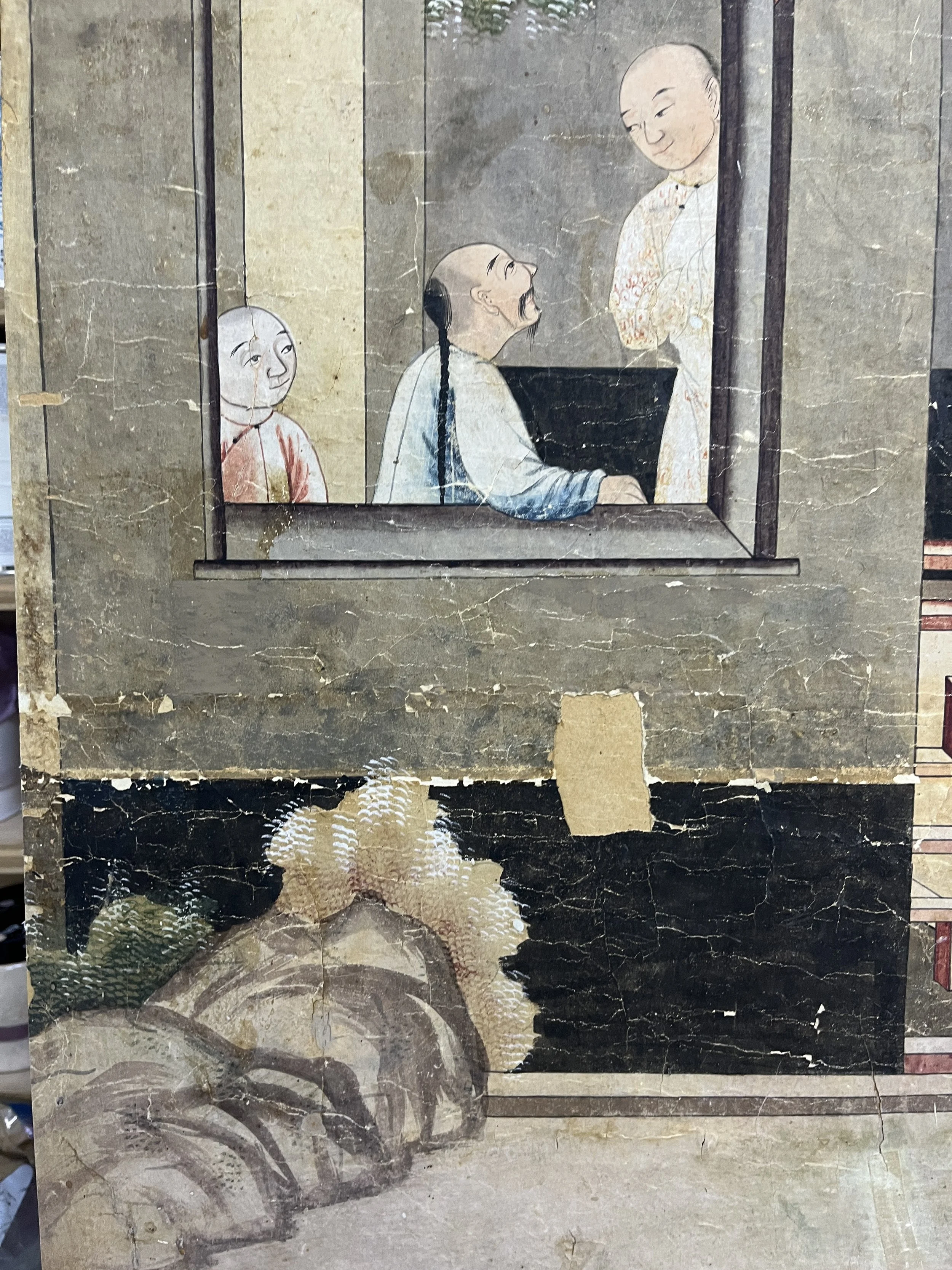 Detaill of second restoration and reinstallation of 18th-century Village Scene wallpaper