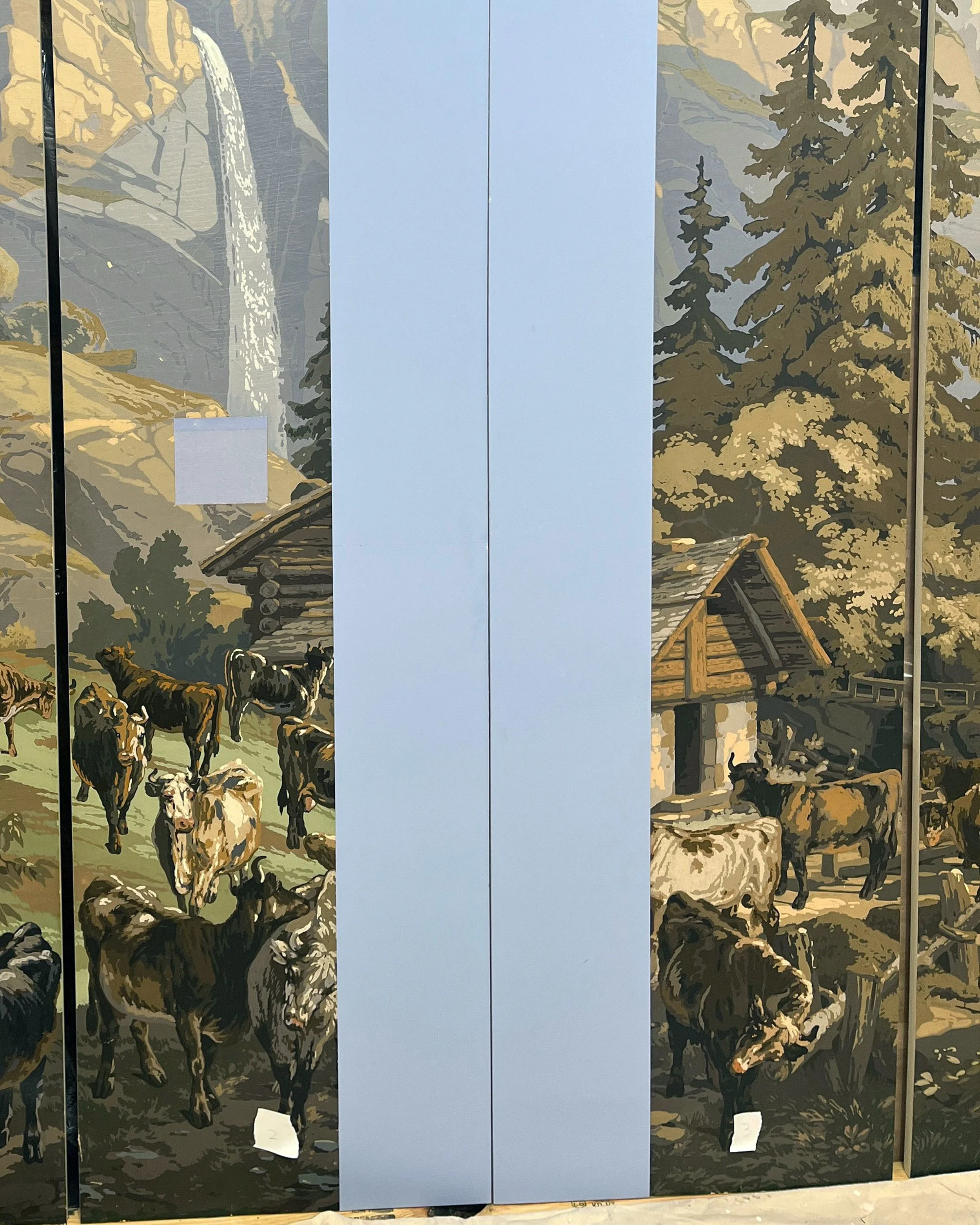 Before restoration of antique Zuber Les Zones Terrestres wallpaper