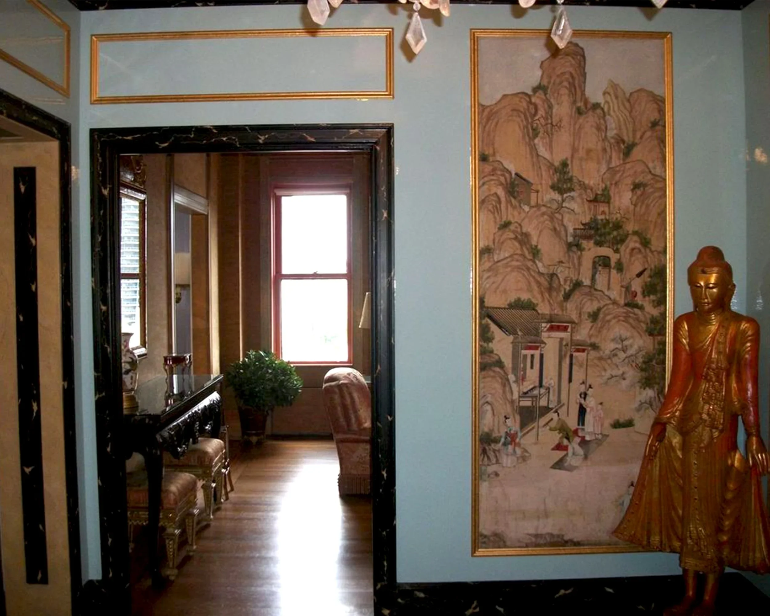 Park Avenue reinstallation with custom moldings and Scalamandré/Stark blue lacquer