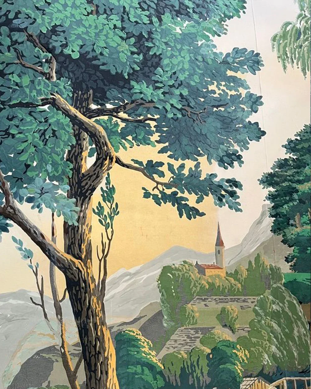 Zuber Les Vues de Suisse wallpaper before restoration showing fading, cracks, and water damage