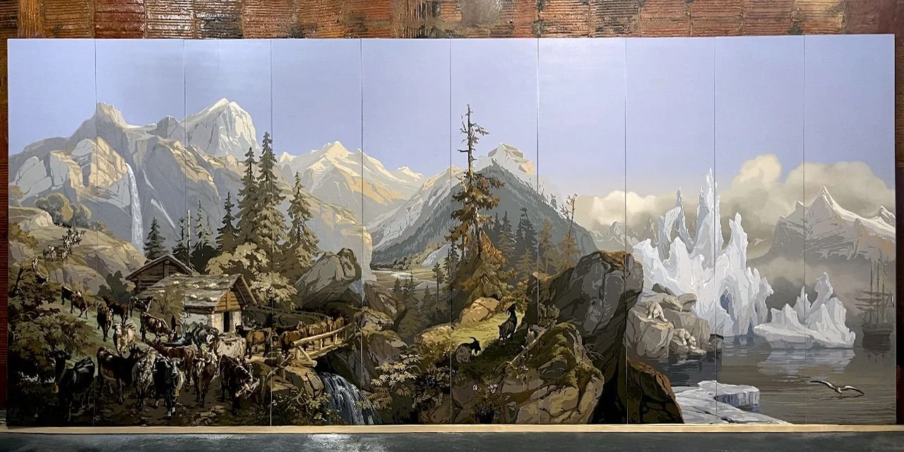 Fully restored Zuber Les Zones Terrestres scenic wallpaper mounted on boards