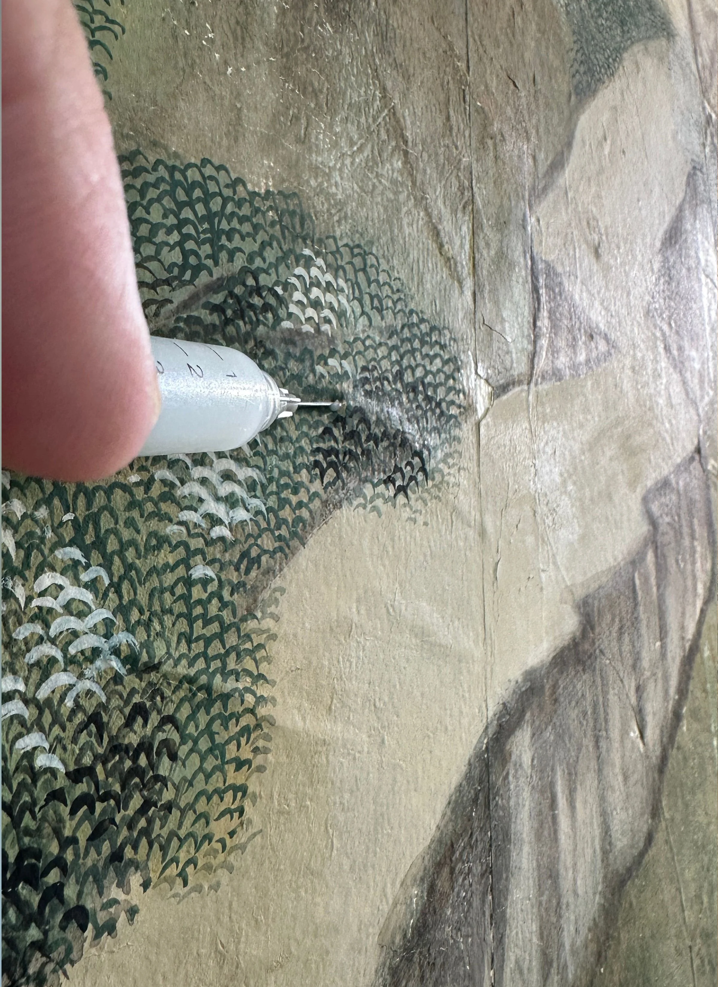 Detaill of second restoration and reinstallation of 18th-century Village Scene wallpaper