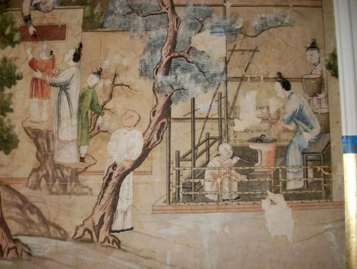 Handpainted Chinese wallpaper, Village Scene, 1780–1825, before restoration