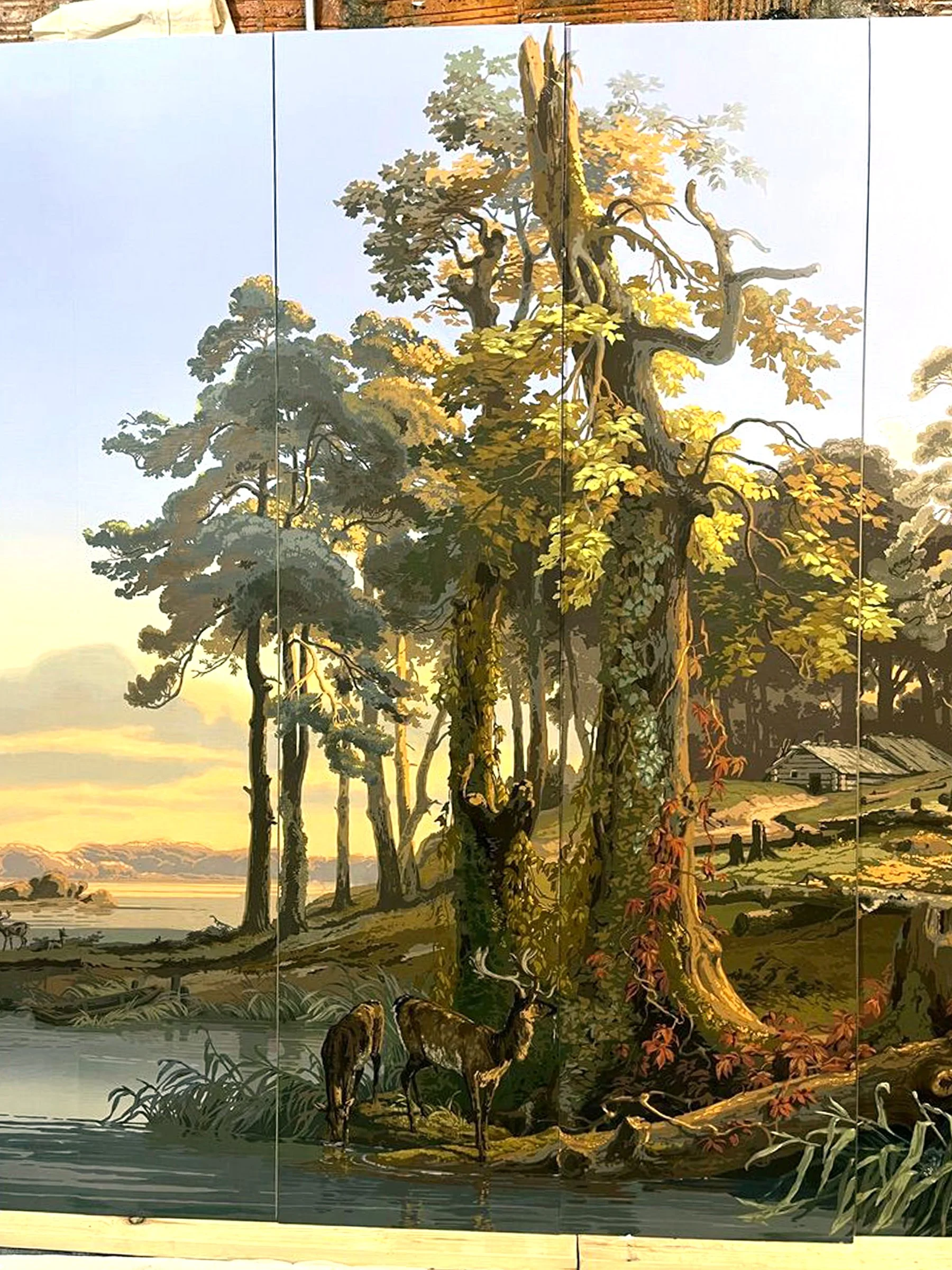 Fully restored Zuber Les Zones Terrestres scenic wallpaper mounted on boards