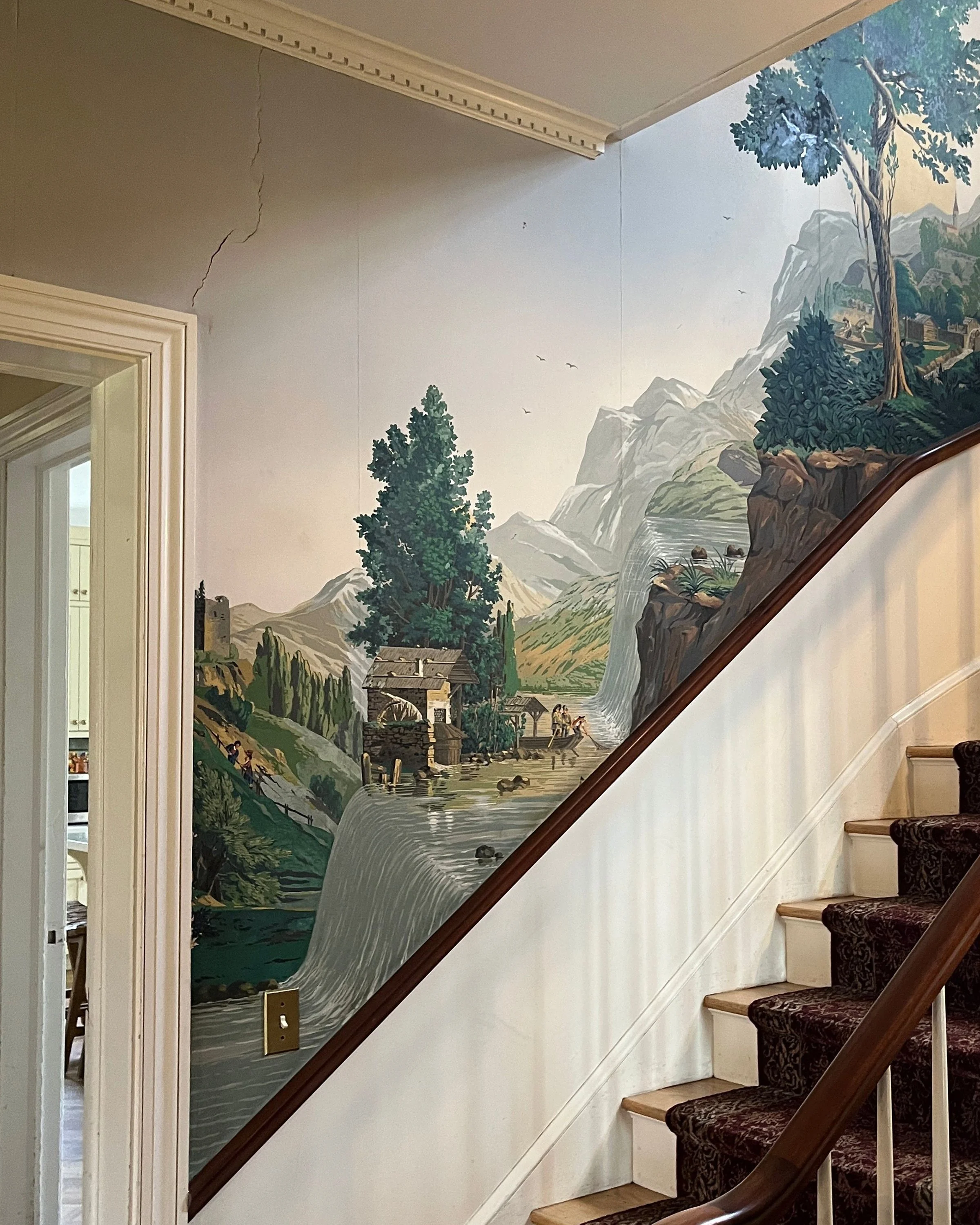 Before restoration of Zuber Les Vues de Suisse wallpaper at Greenwood Gardens