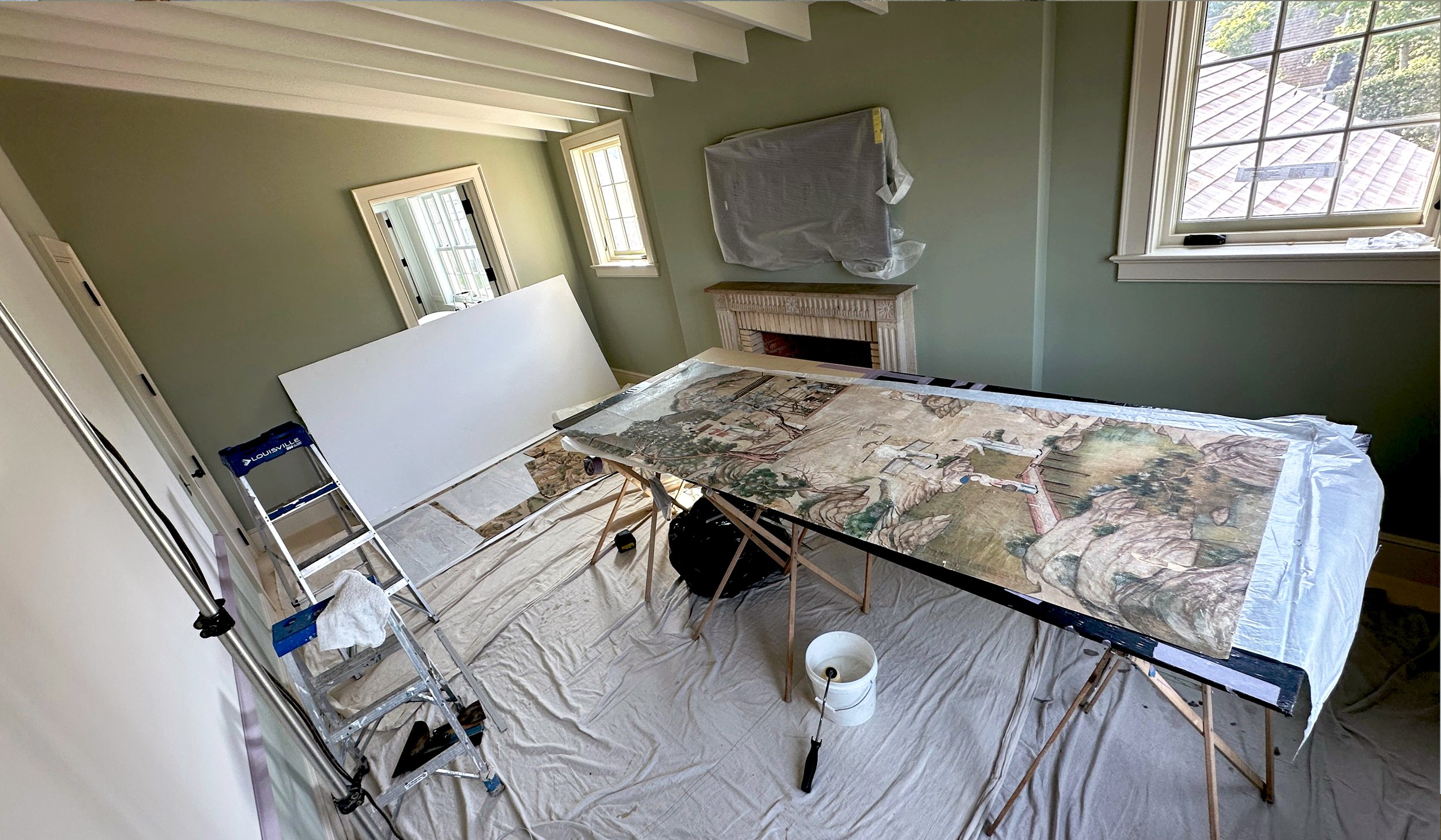 Second restoration and reinstallation of 18th-century Village Scene wallpaper