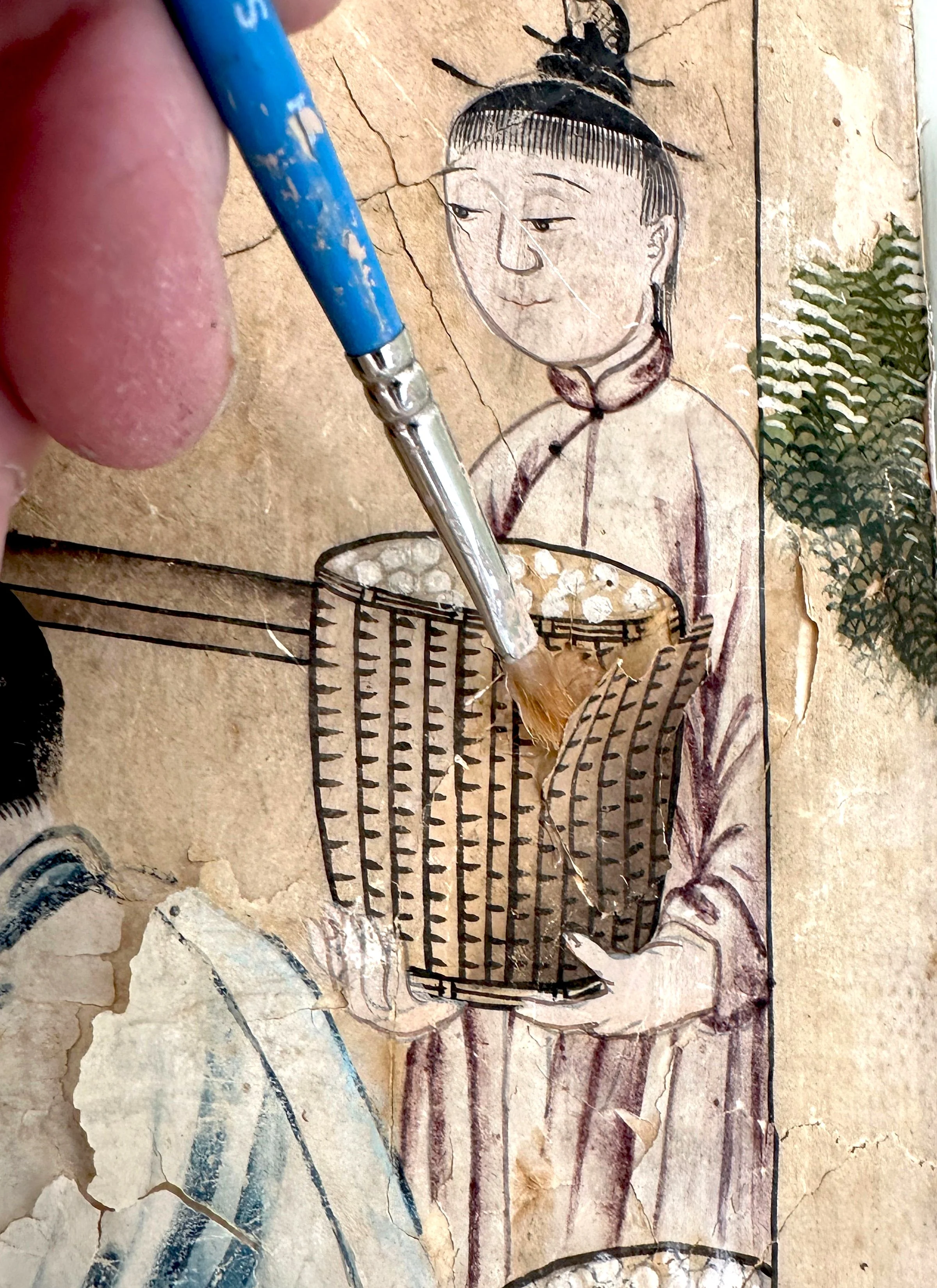 Detaill of second restoration and reinstallation of 18th-century Village Scene wallpaper