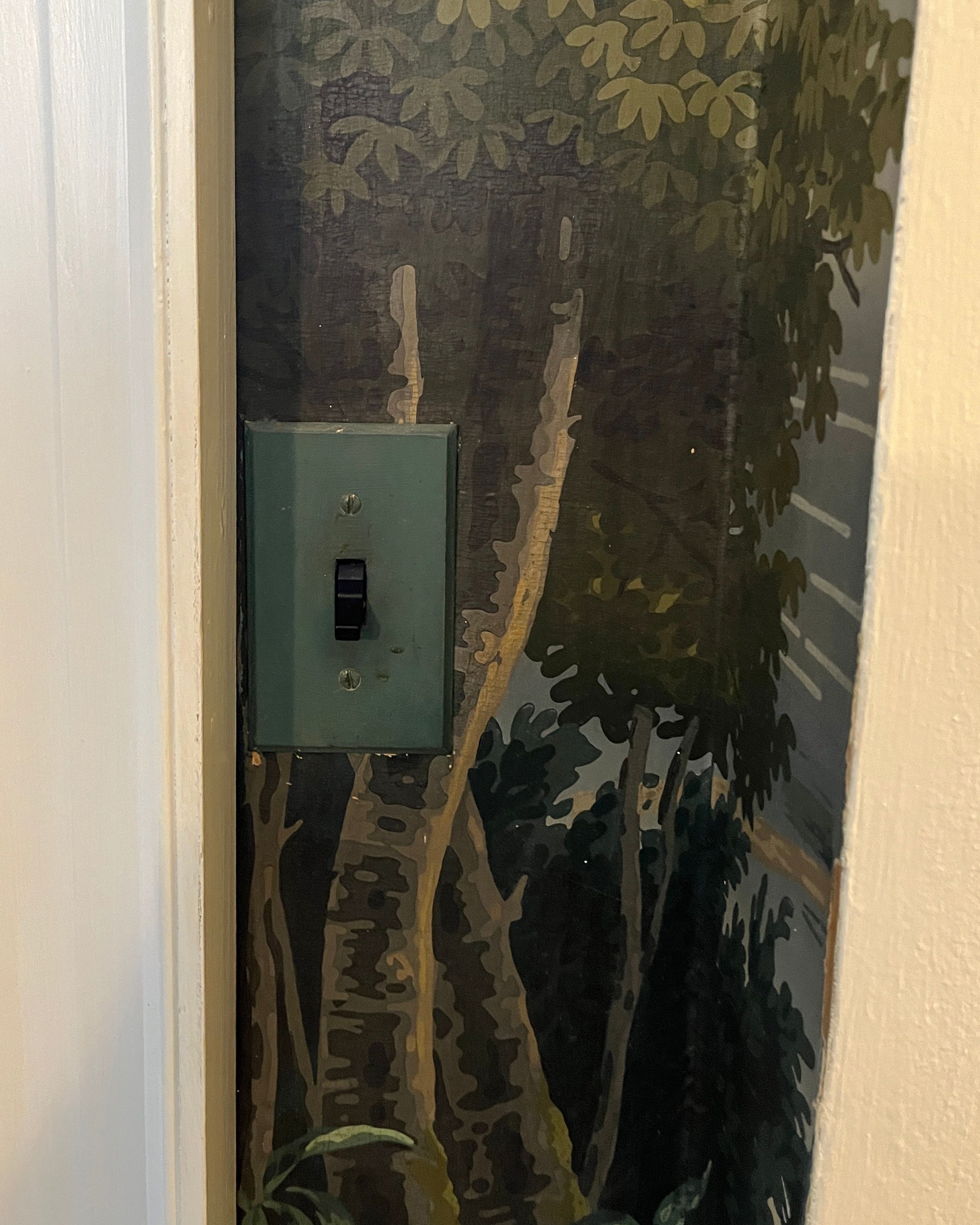 Hand-painted switch plates integrated into scenic wallpaper - before