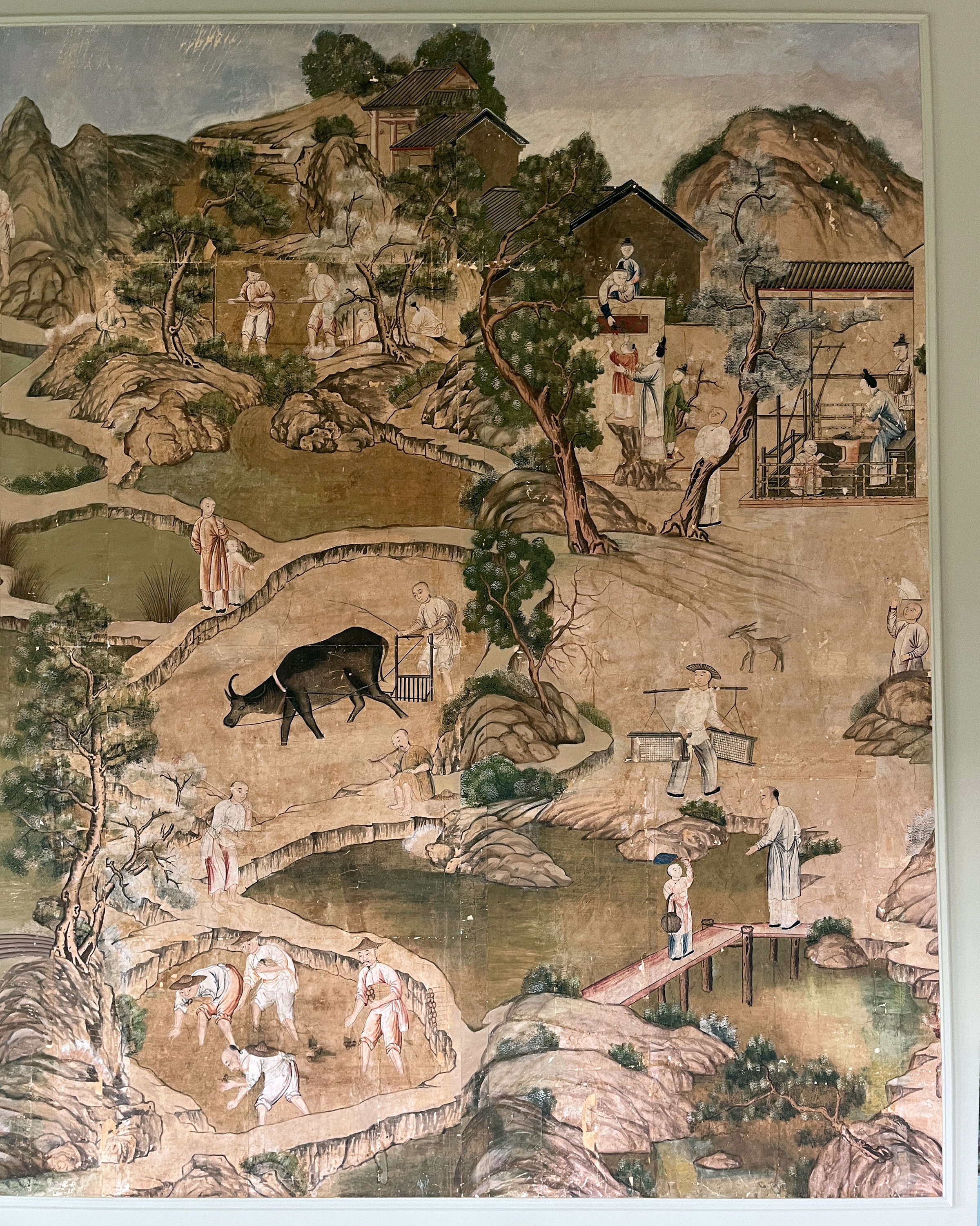 Before second restoration of Village Scene wallpaper
