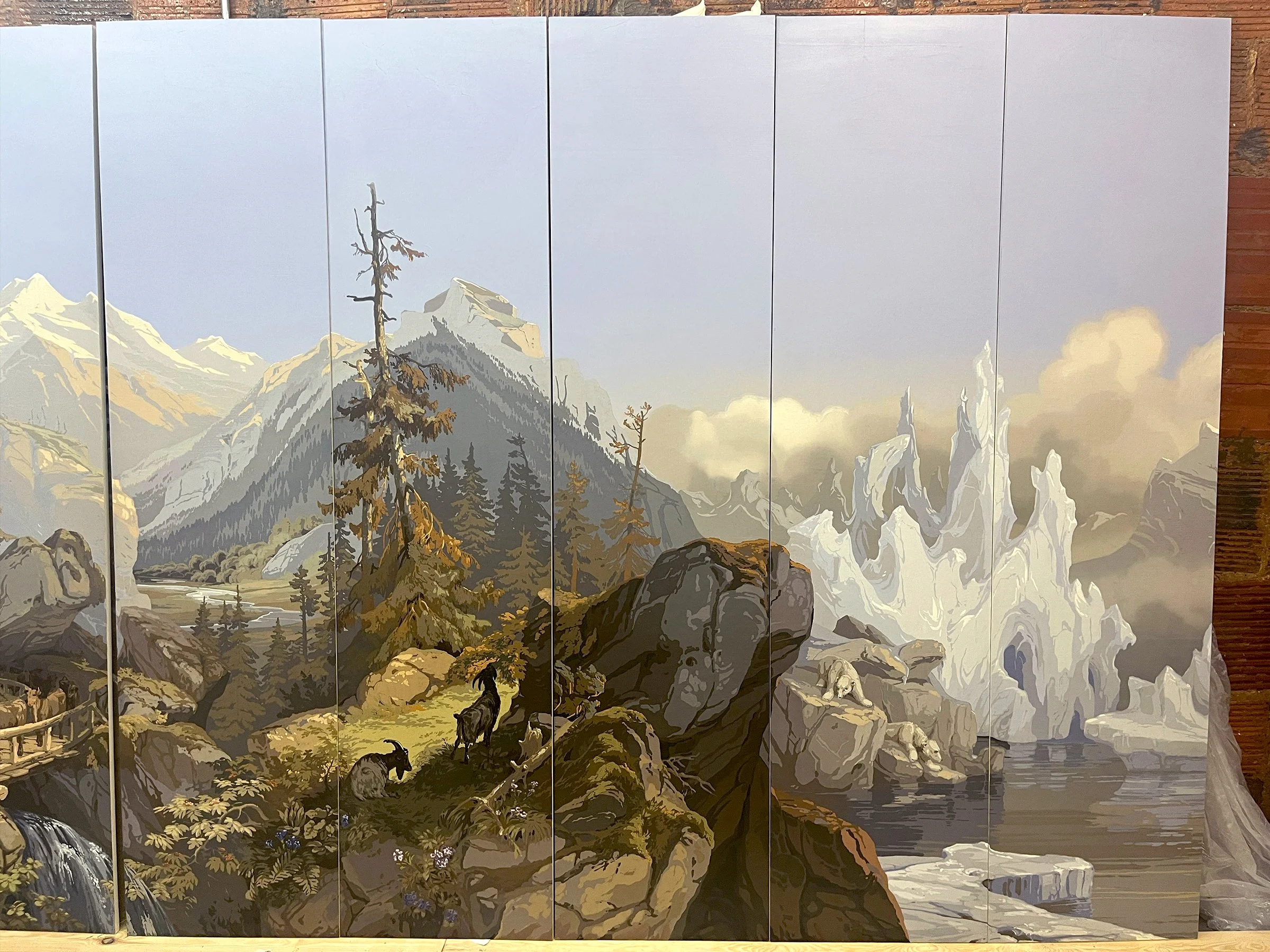 Fully restored Zuber Les Zones Terrestres scenic wallpaper mounted on boards