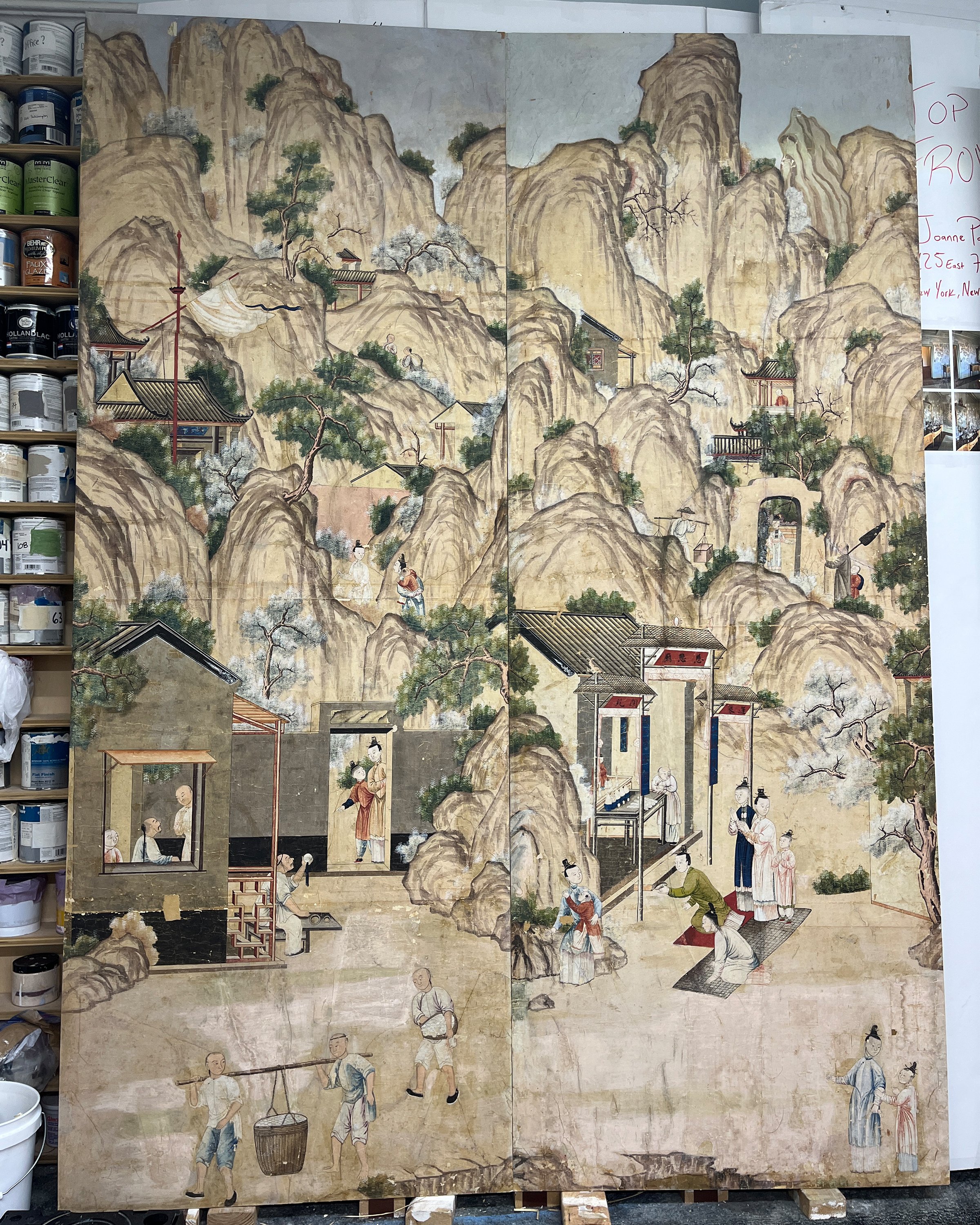 Before second restoration of Village Scene wallpaper
