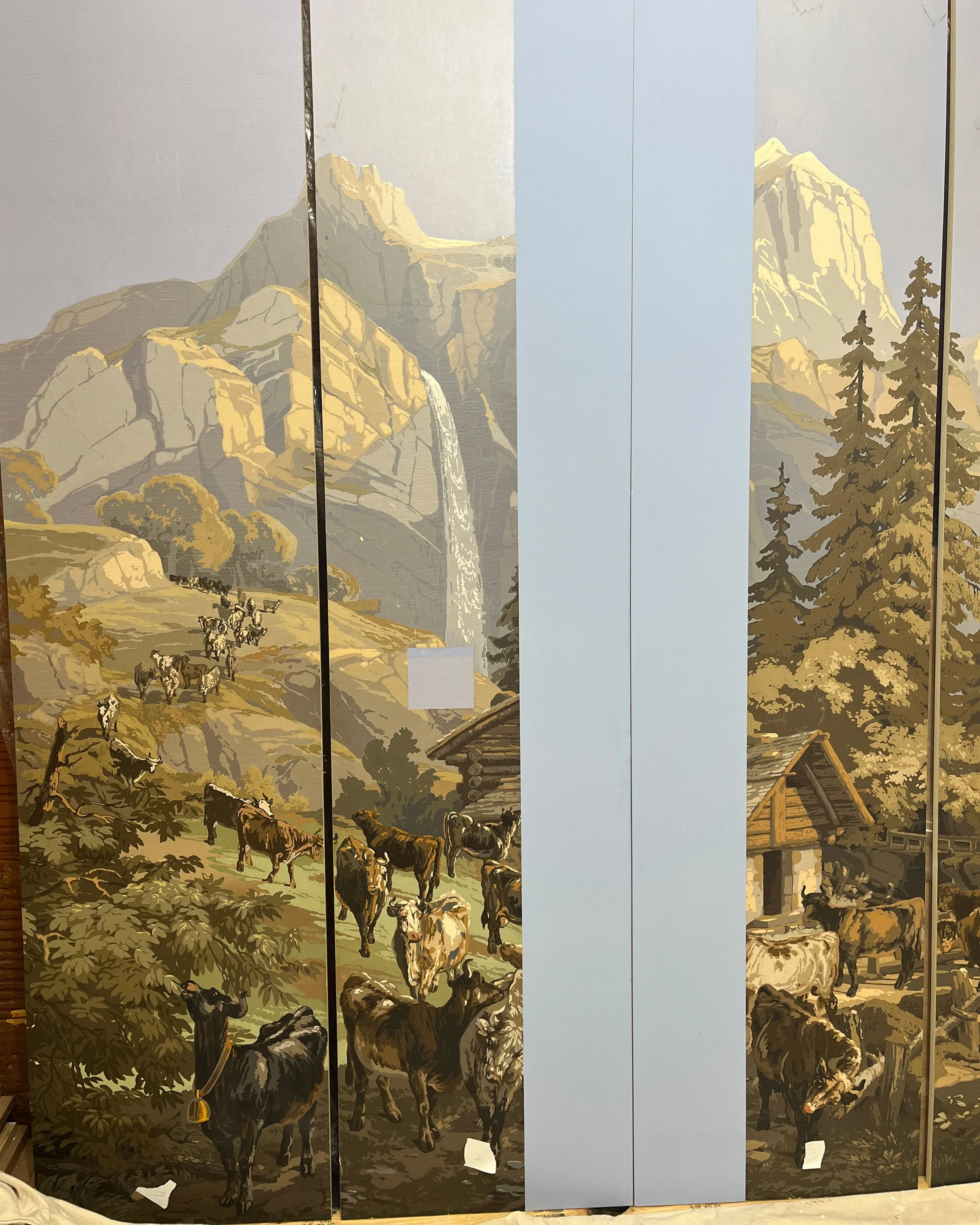 Before restoration of antique Zuber Les Zones Terrestres wallpaper