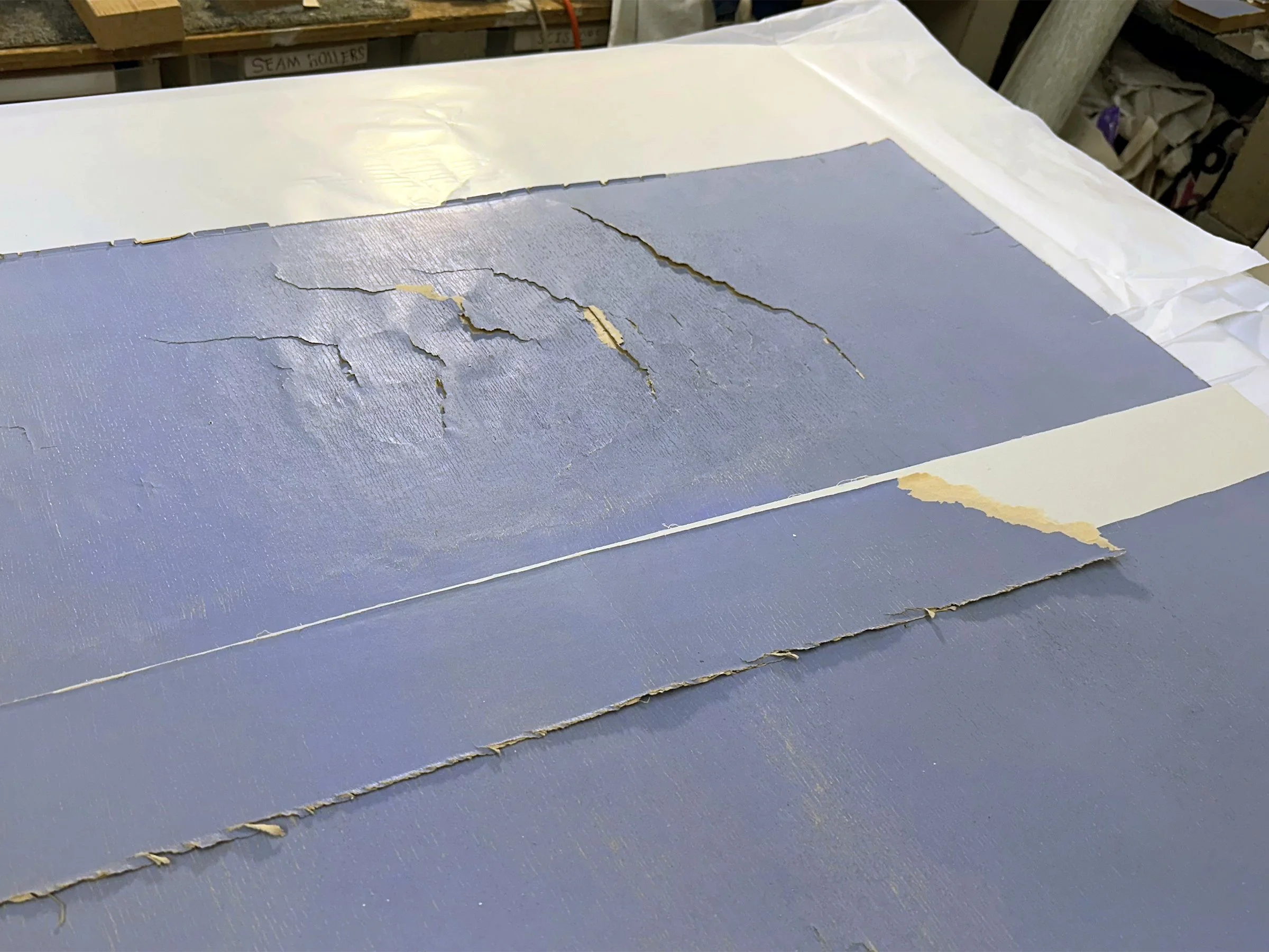 Close-up of damage and wear on Les Zones Terrestres wallpaper panels