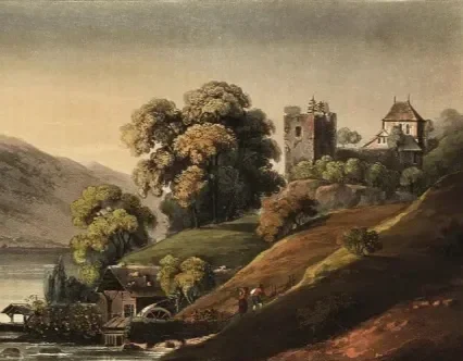 Swiss alpine landscape similar to scenes depicted in Zuber Les Vues de Suisse wallpaper