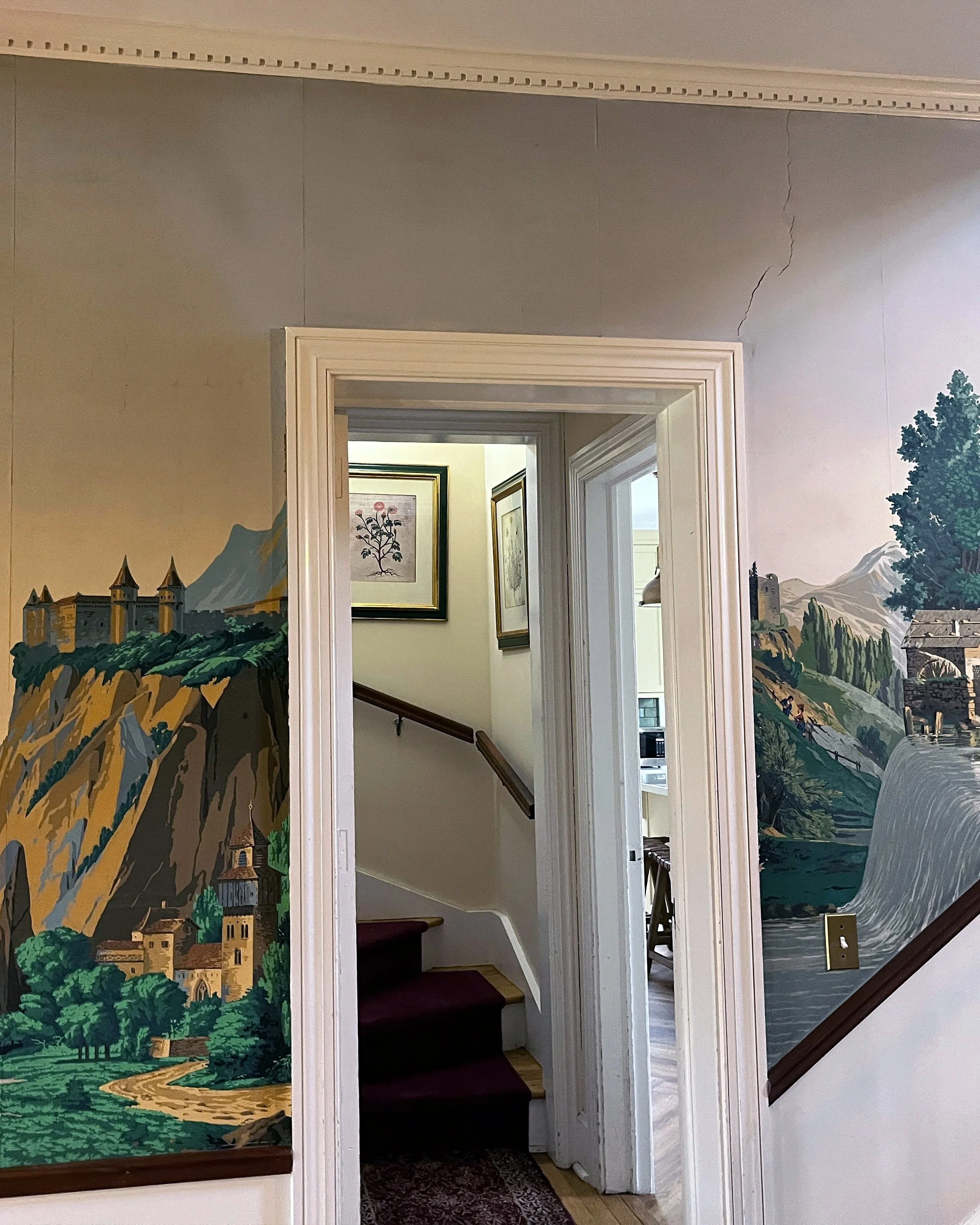 Before restoration of Zuber Les Vues de Suisse wallpaper at Greenwood Gardens