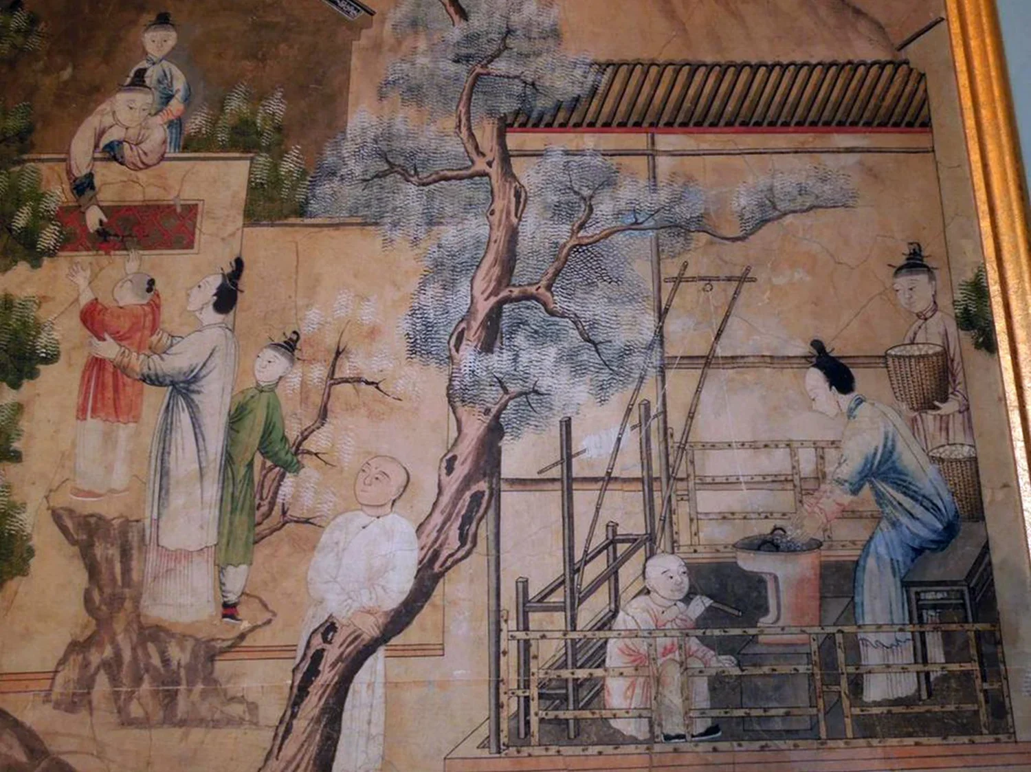 Handpainted Chinese wallpaper, Village Scene, 1780–1825, after restoration