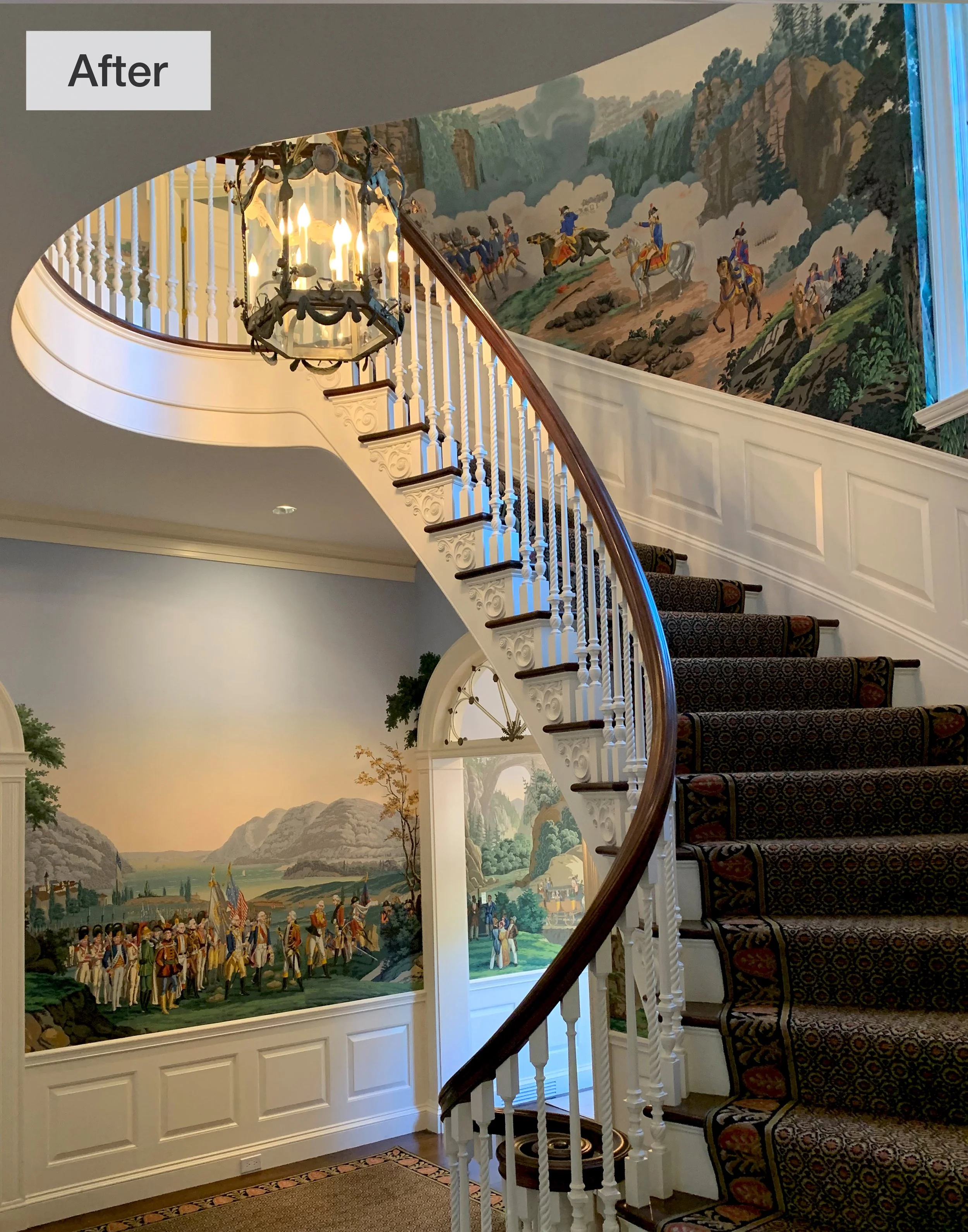 Zuber panoramic wallpaper installation in stair hall featuring War of Independence and Views of North America