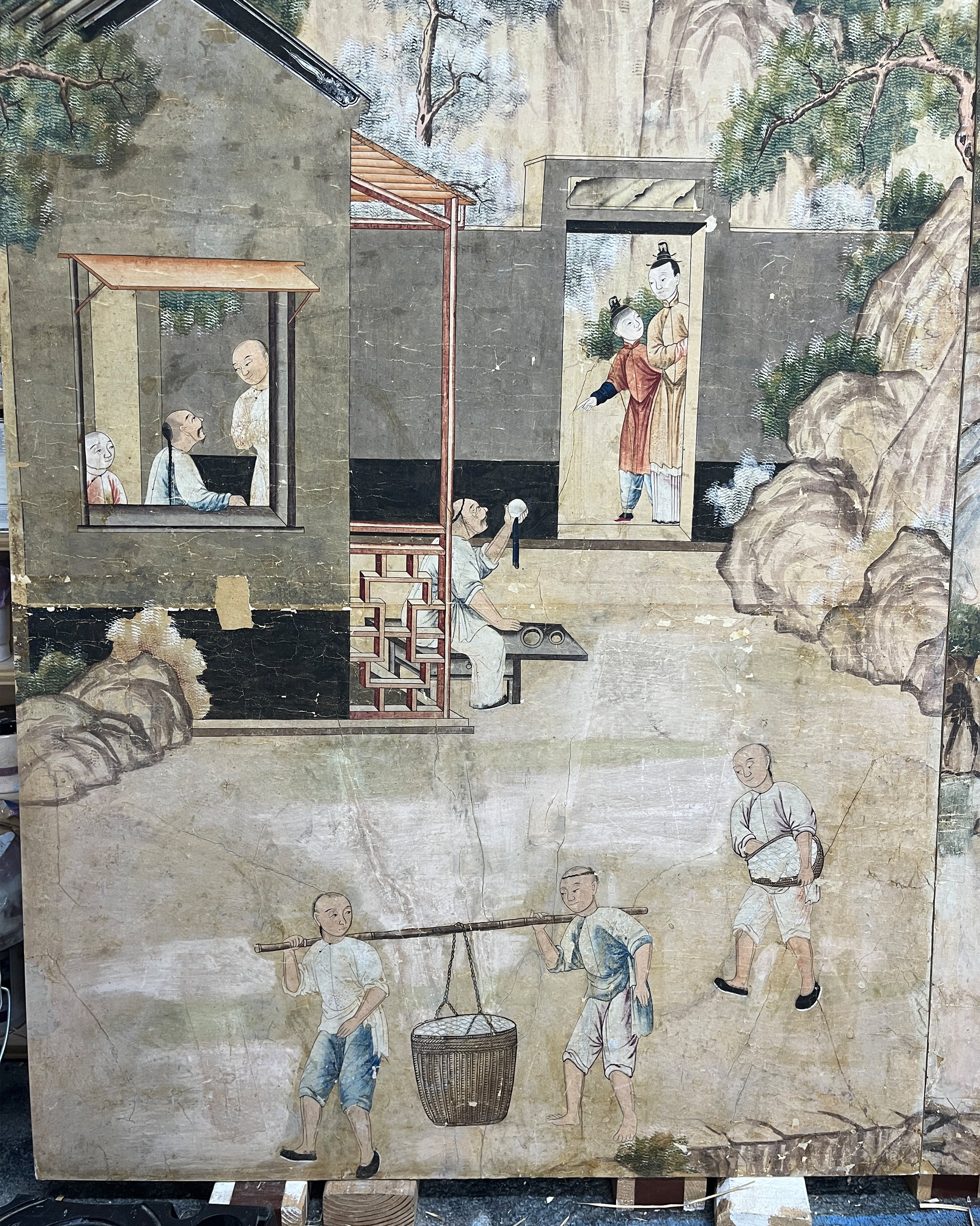 Before second restoration of Village Scene wallpaper