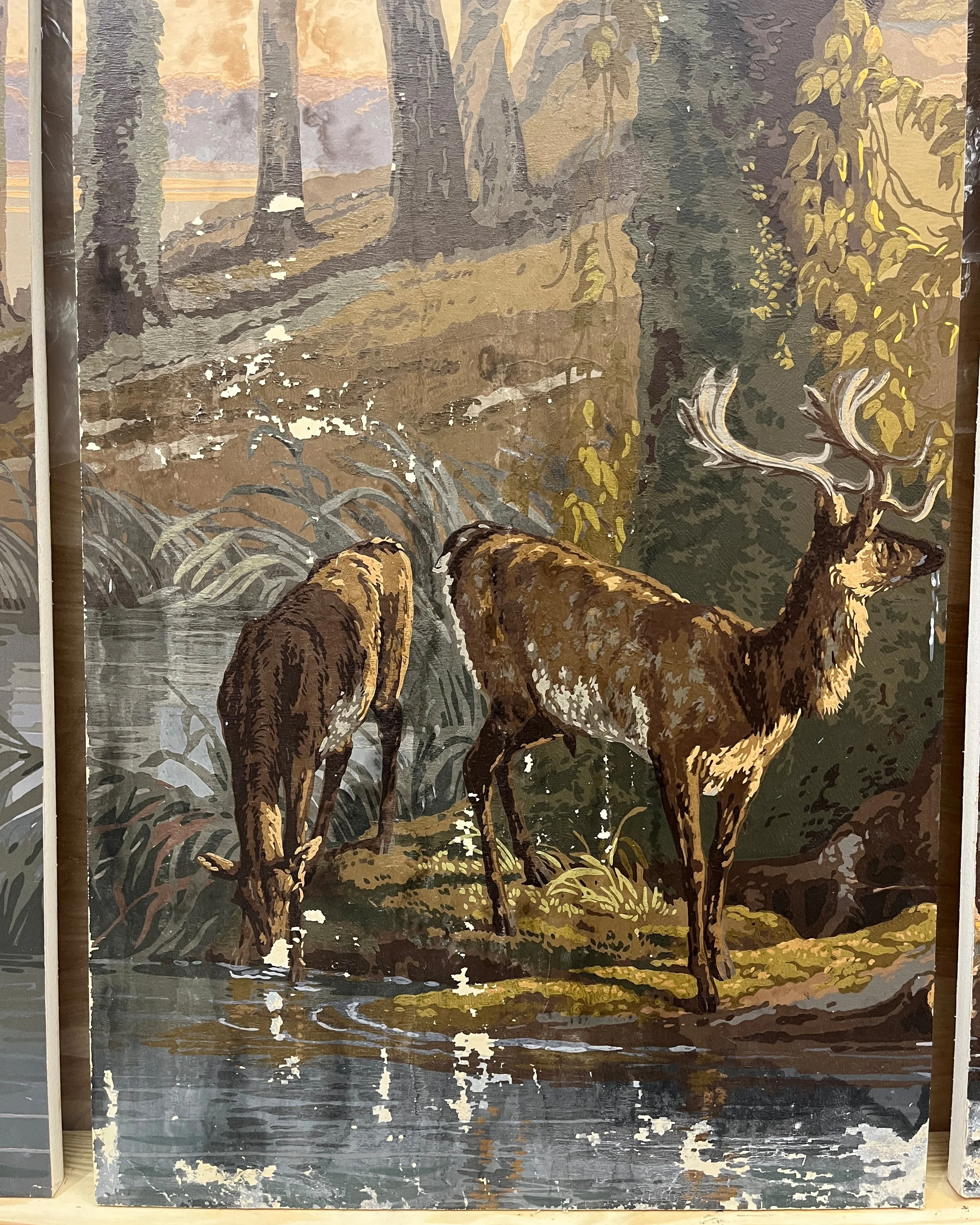 Before restoration of antique Zuber Les Zones Terrestres wallpaper detail