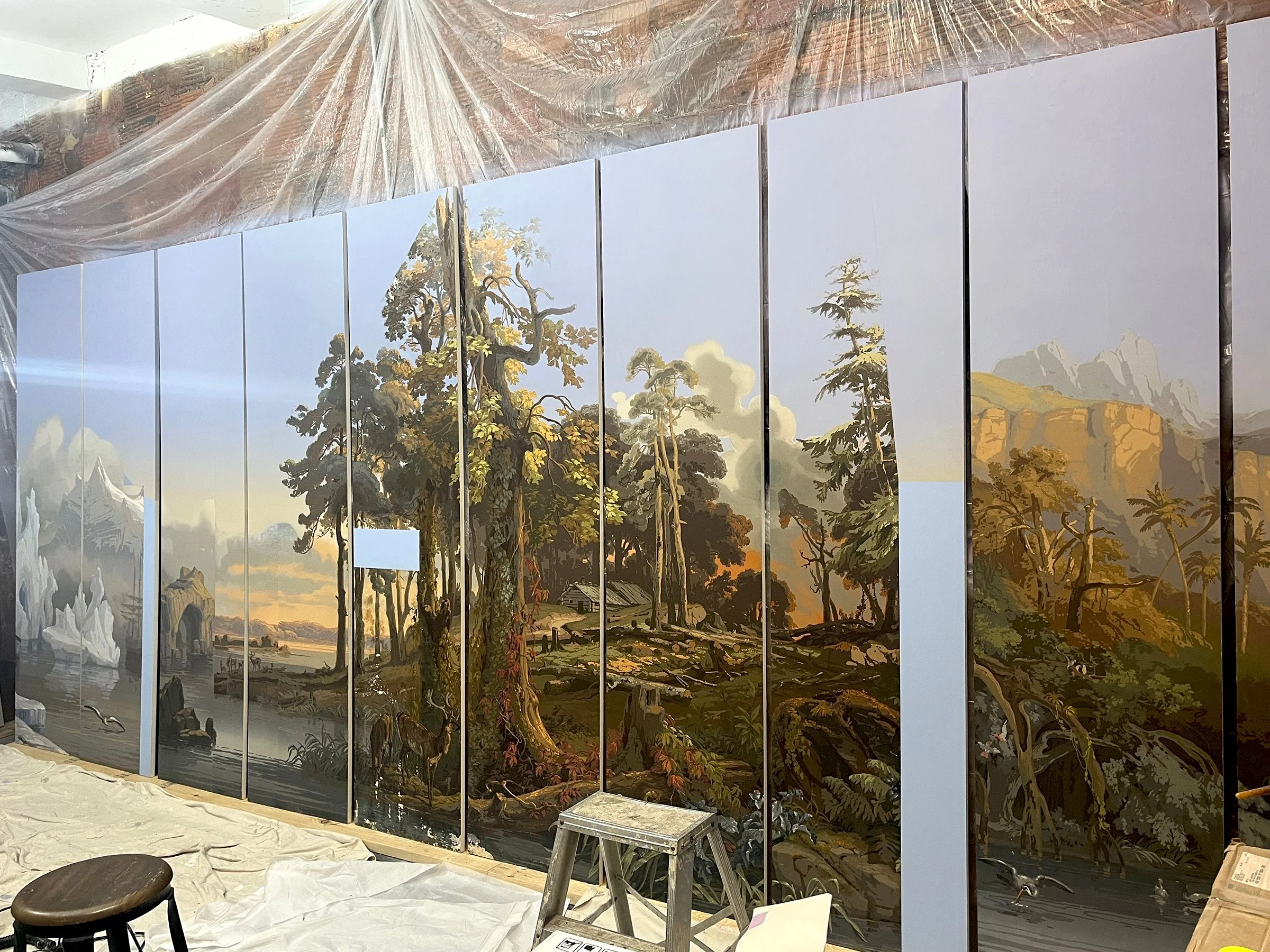 Antique Zuber Les Zones Terrestres scenic wallpaper prior to restoration