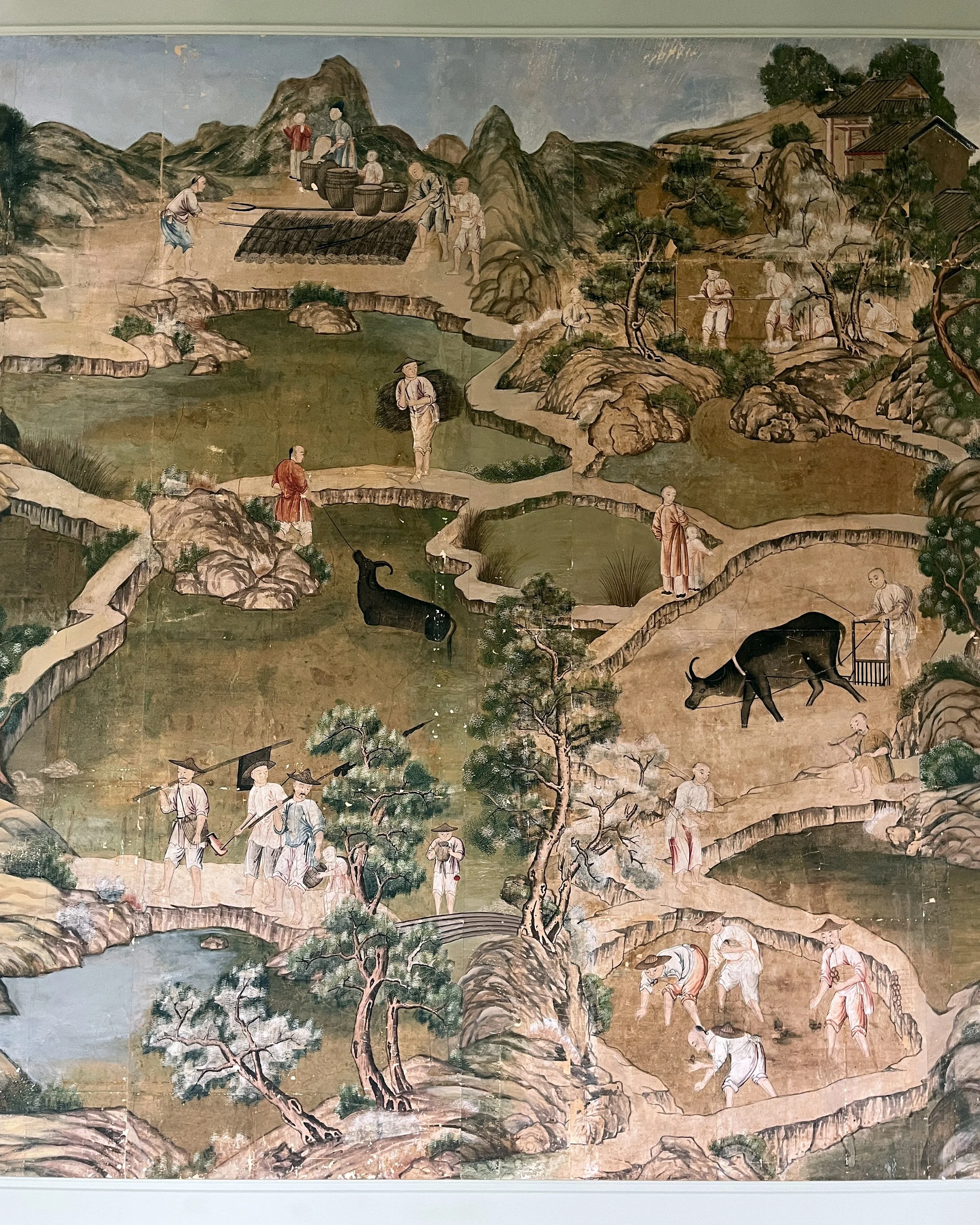 Before second restoration of Village Scene wallpaper