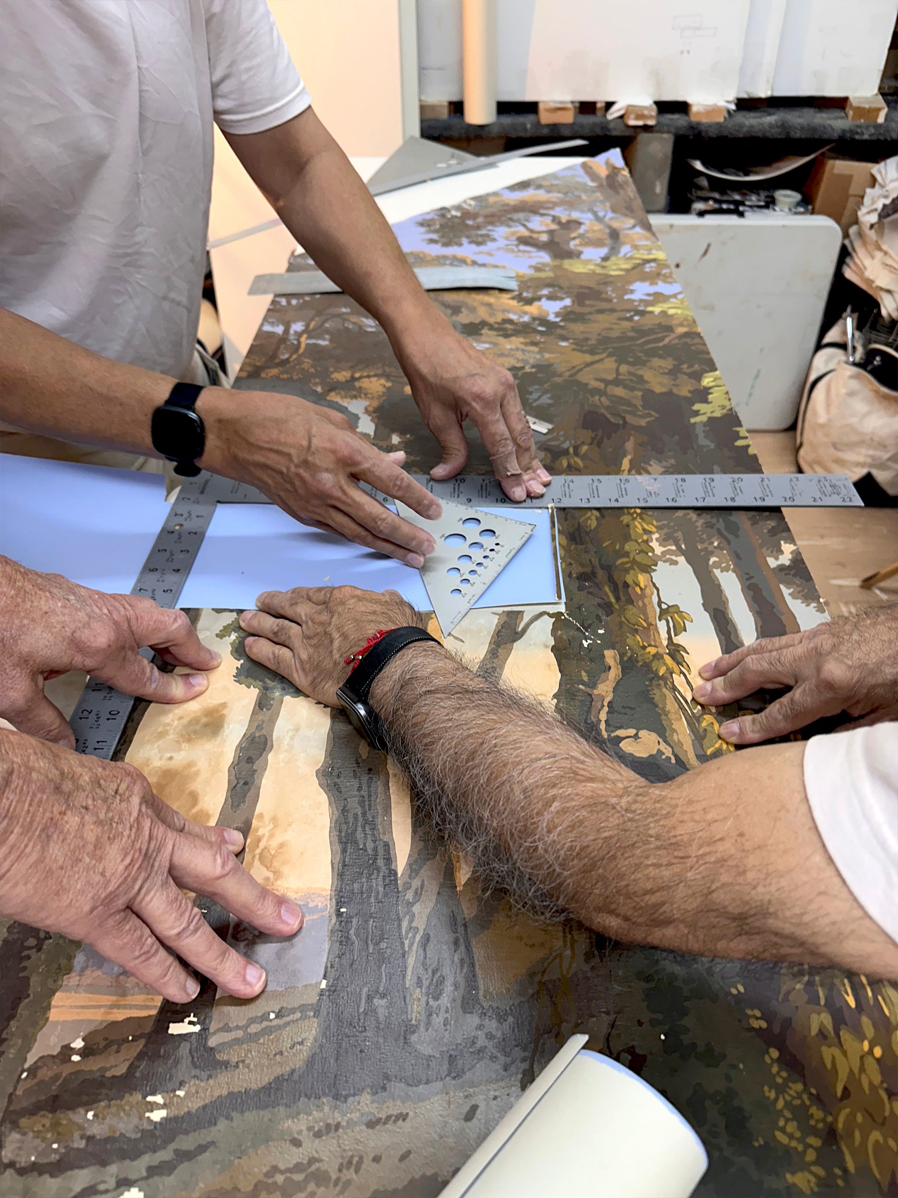 Antique Zuber Les Zones Terrestres scenic wallpaper being mounted on boards